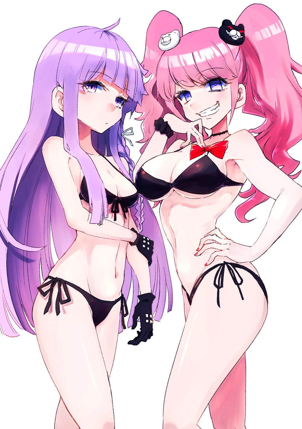 2girls, bikini, bikini bottom, bikini top, breasts, cleavage, danganronpa, danganronpa 1, danganronpa: trigger happy havoc, female, female only, junko enoshima, kirigiri kyouko, large breasts, looking at viewer, multiple females, multiple girls, pink hair, purple hair, straight hair, tsunemi aosa, white background