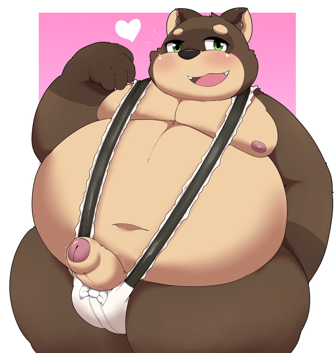 1boy 2022 anthro belly big_belly blush canid canine erection genitals green_eyes heart hi_res kemono kusosensei male mammal mankini moobs navel nipples overweight overweight_male penis raccoon_dog shoutaro solo tanuki