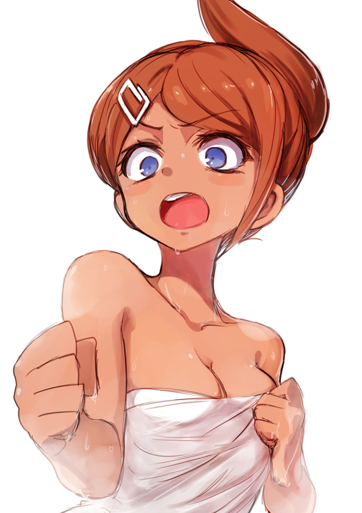 asahina aoi, blush, breasts, danganronpa, danganronpa 1, danganronpa: trigger happy havoc, dark skin, dark-skinned female, female, female only, smooth skin, tanned, tanned female, tanned skin, towel, towel only, tsunemi aosa, wet skin