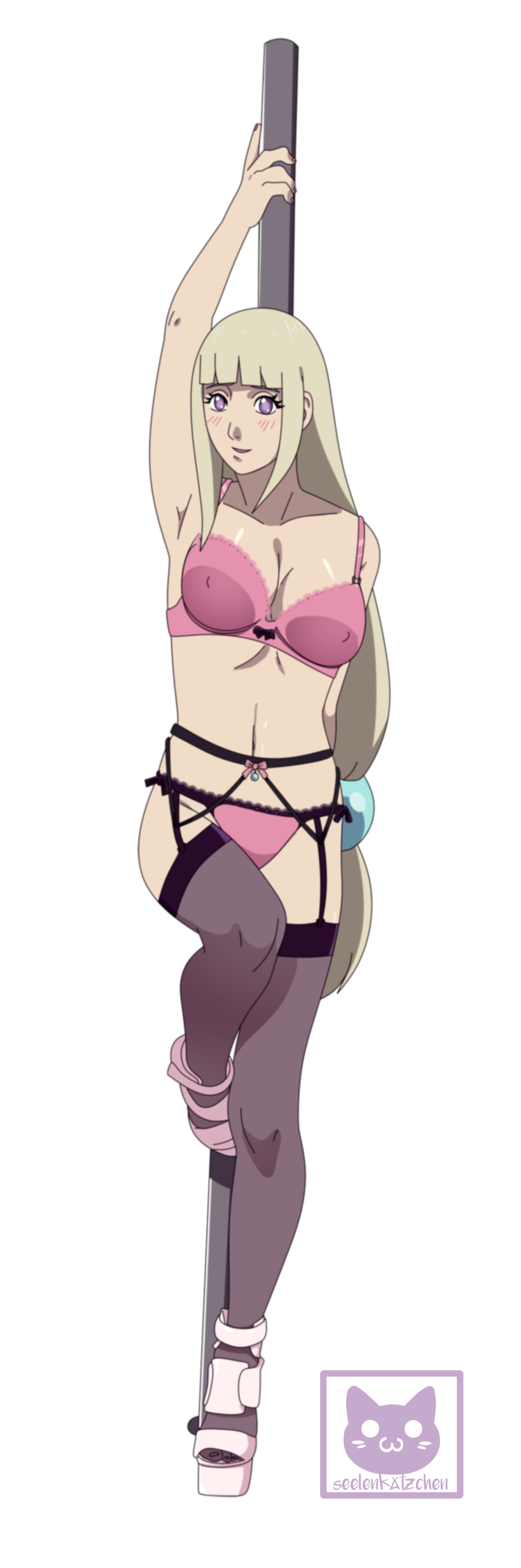 1girls arm_up armpits blonde_hair blunt_bangs bra erect_nipples female female_only footwear full_body garter_belt garter_straps heels high_heels hime_cut legwear lingerie low-tied_long_hair midriff naruto naruto_(series) naruto_shippuden panties platform_heels pole purple_eyes raised_leg seelenkaetzchen shion_(naruto) sidelocks solo solo_focus stockings stripper stripper_pole underwear very_long_hair