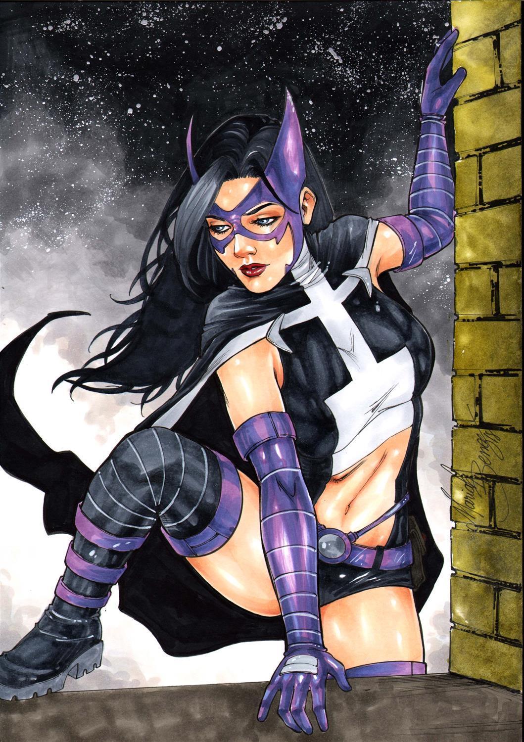 1girls big_breasts birds_of_prey curvy curvy_body curvy_figure dc dc_comics ed_benes_studio helena_bertinelli huntress_(dc) justice_league latex_leotard looking_at_viewer mariah_benes purple_leotard red_lipstick solo_female solo_focus tagme voluptuous voluptuous_female