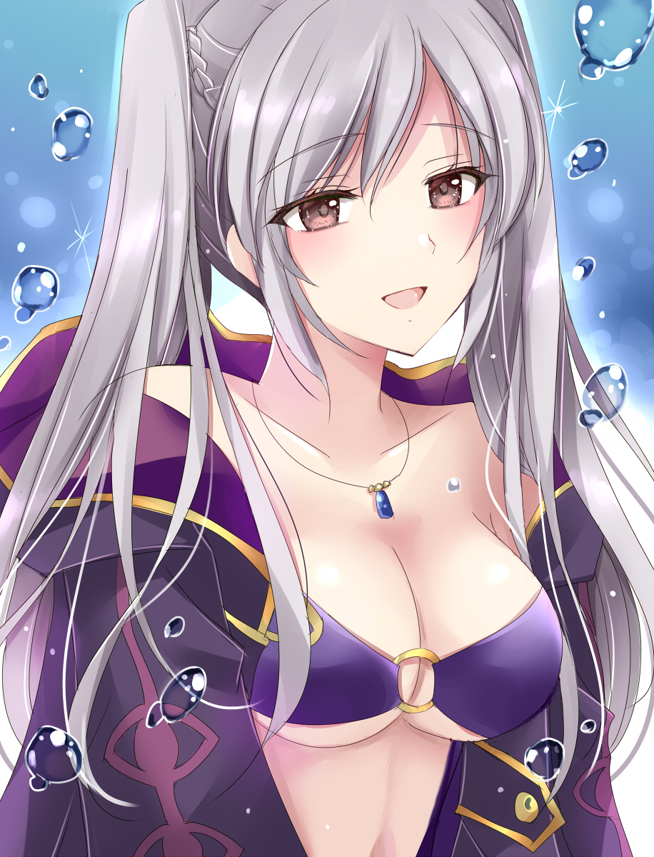 1girls, alternate costume, bikini, breasts, brown eyes, cleavage, collarbone, female, female only, fire emblem, fire emblem awakening, fire emblem heroes, grey hair, highres, hood, hood down, hooded robe, jewelry, kirishima riona, long hair, medium breasts, mixed-language commentary, necklace, o-ring, o-ring bikini, off shoulder, official alternate costume, open clothes, open mouth, open robe, purple bikini, robe, robin (fire emblem), robin (fire emblem) (female), smile, solo, swimsuit, twintails, upper body