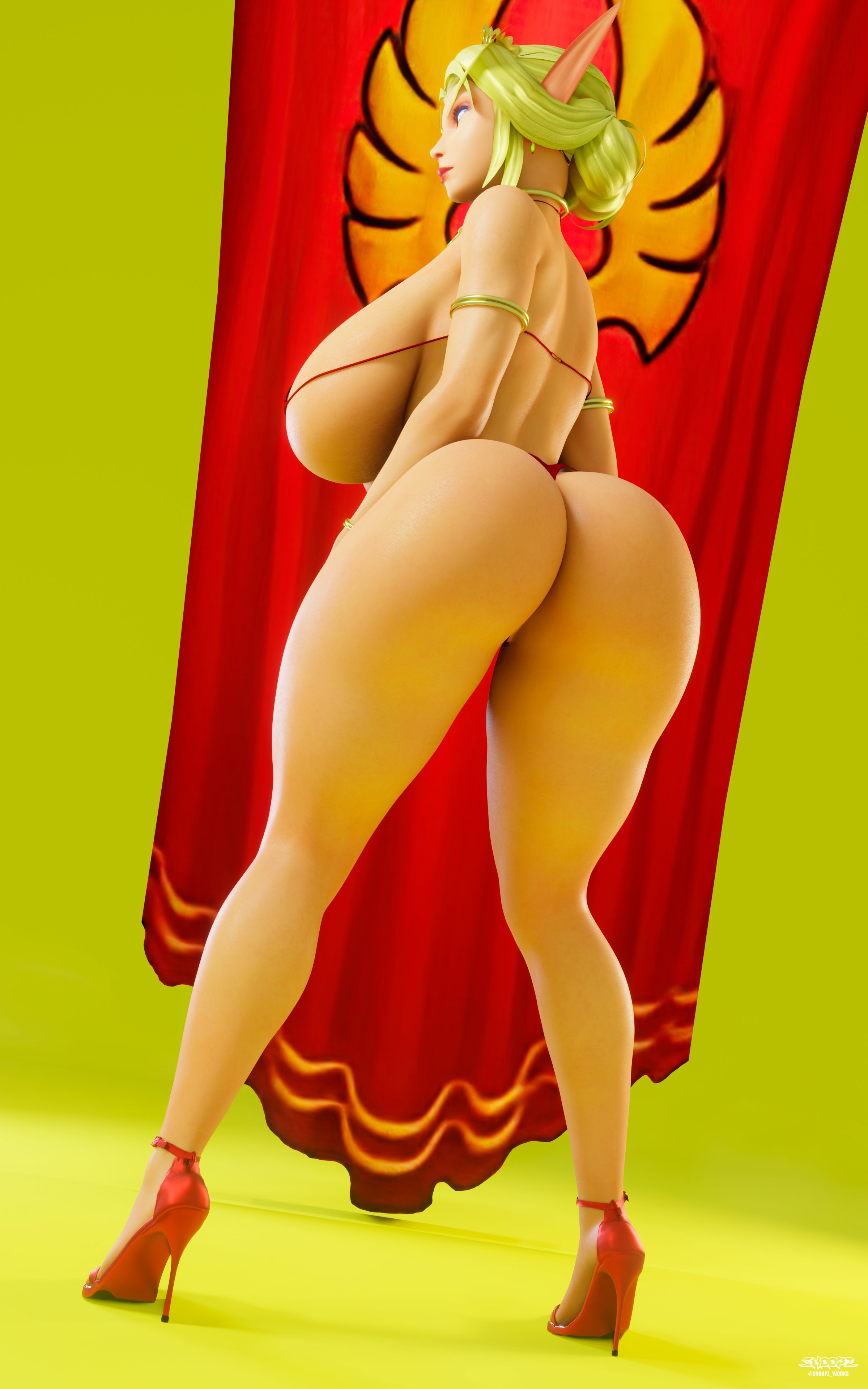 1girls, 3d, absurd res, ass, backboob, big ass, big breasts, bikini, blizzard entertainment, blonde hair, blood elf, blood elf female, breasts, elf ears, female, female only, gigantic breasts, glowing eyes, hi res, high heels, horde female, huge breasts, jewelry, milf, pointy ears, red bikini, snoopz, teril truepath (valkyrien), thick thighs, valkyrien, warcraft, wide hips, world of warcraft