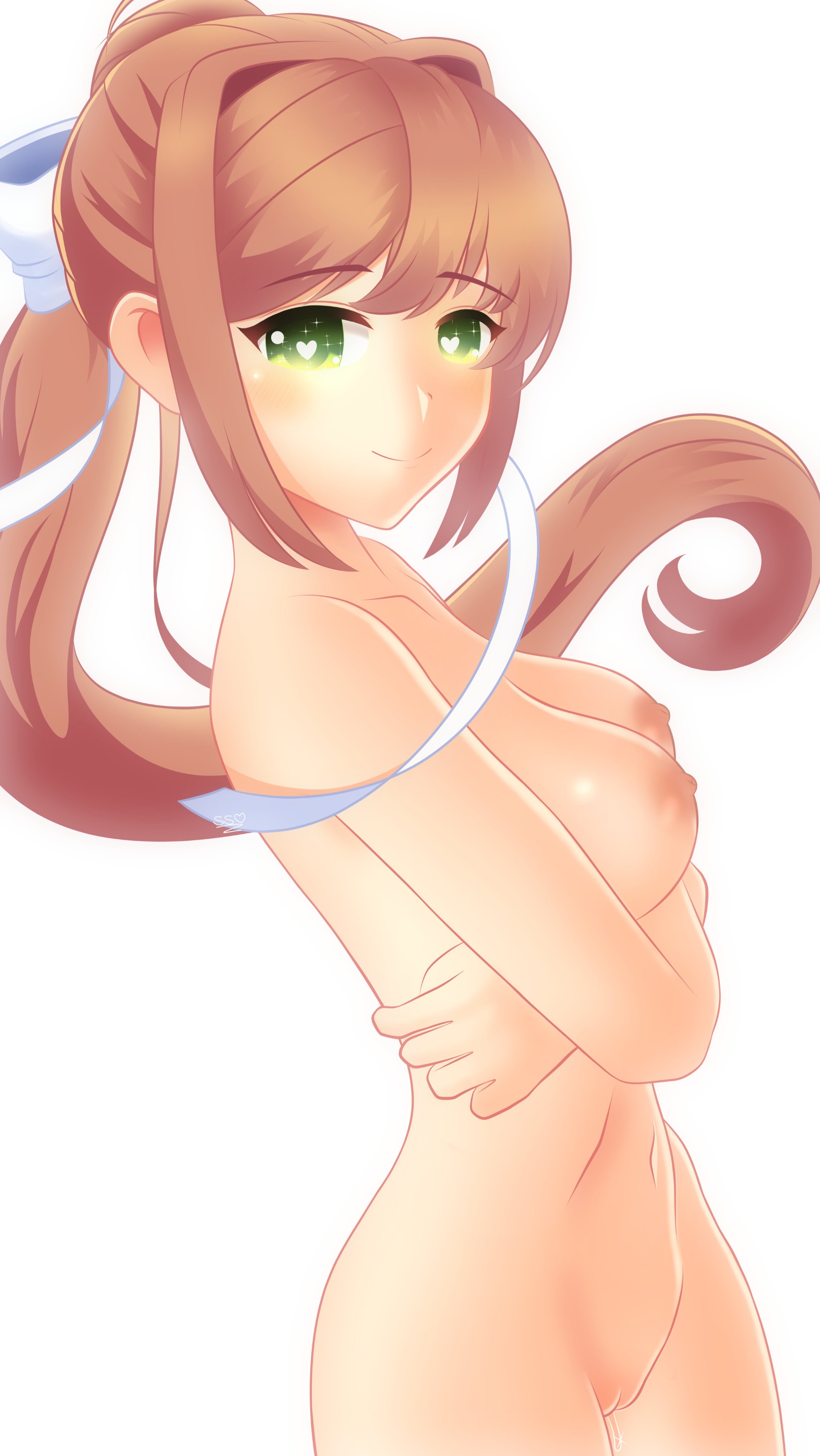 1girls, blush, blushing at viewer, breasts, brown hair, doki doki literature club, exposed breasts, exposed nipples, female, female focus, female only, green eyes, hairbow, happy female, heart eyes, heart-shaped pupils, long hair, looking at viewer, monika (doki doki literature club), nipples, nude, nude female, ponytail, pussy, smiling, smiling at viewer, thighs, uncensored
