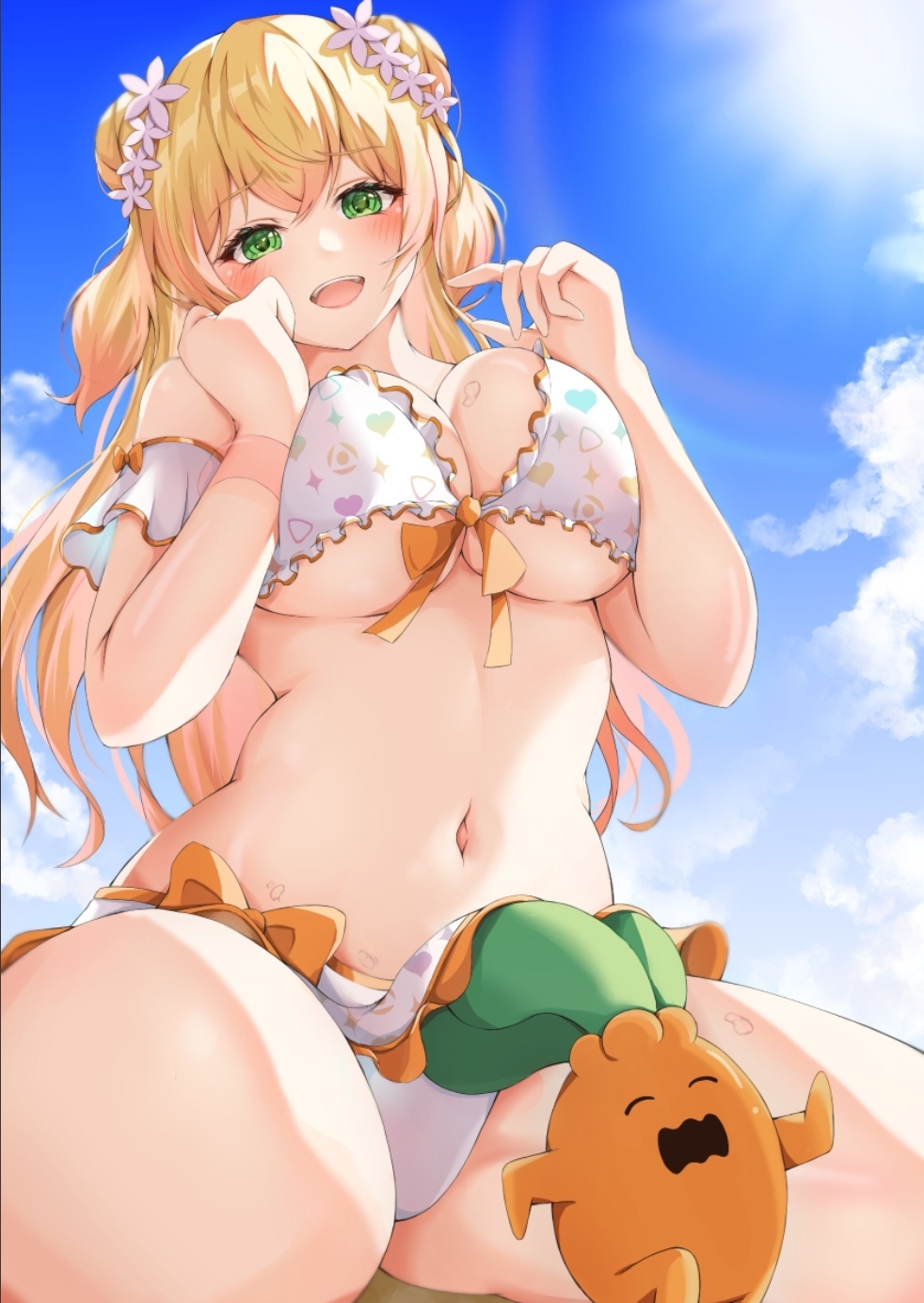 1girls bikini blonde_hair female female_focus female_only green_eyes hololive hololive_gen_5 hololive_japan iikiroro momosuzu_nene pinch pinching_gesture redsunoverparadise ribbon summer sun sunny_day thick_thighs virtual_youtuber