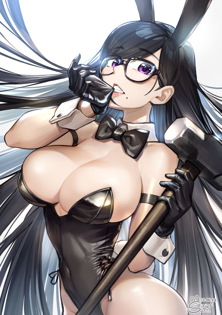 1girls asian asian_female ass beauty_mark big_breasts bitting black_hair bunny_ears bunnysuit cleavage eyewear female glasses gloves hammer hourglass_figure human large_breasts leotard light-skinned_female light_skin long_hair looking_at_viewer mature_female minakata_hizuru mole mole_under_mouth purple_eyes siriuflong skimpy_clothes slim_waist summer_time_render summertime_render violet_eyes wide_hips