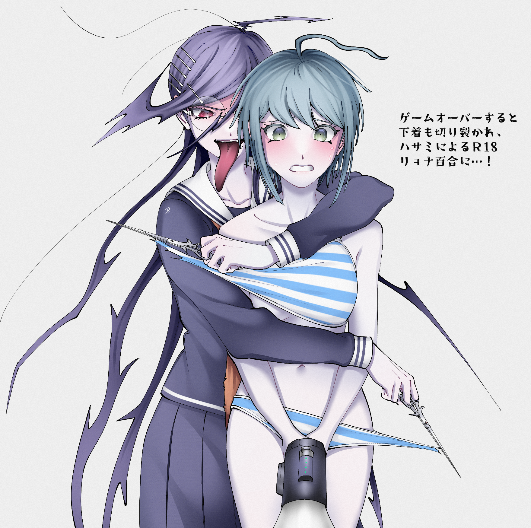 blush, bra, bra pull, danganronpa, danganronpa 1, danganronpa ultra despair girls, danganronpa: trigger happy havoc, embarrassed, female, fukawa touko, genocider shou, naegi komaru, panties, panties pull, smooth skin, stripping, torn clothes, underwear, underwear only, yumemi9603, yuri