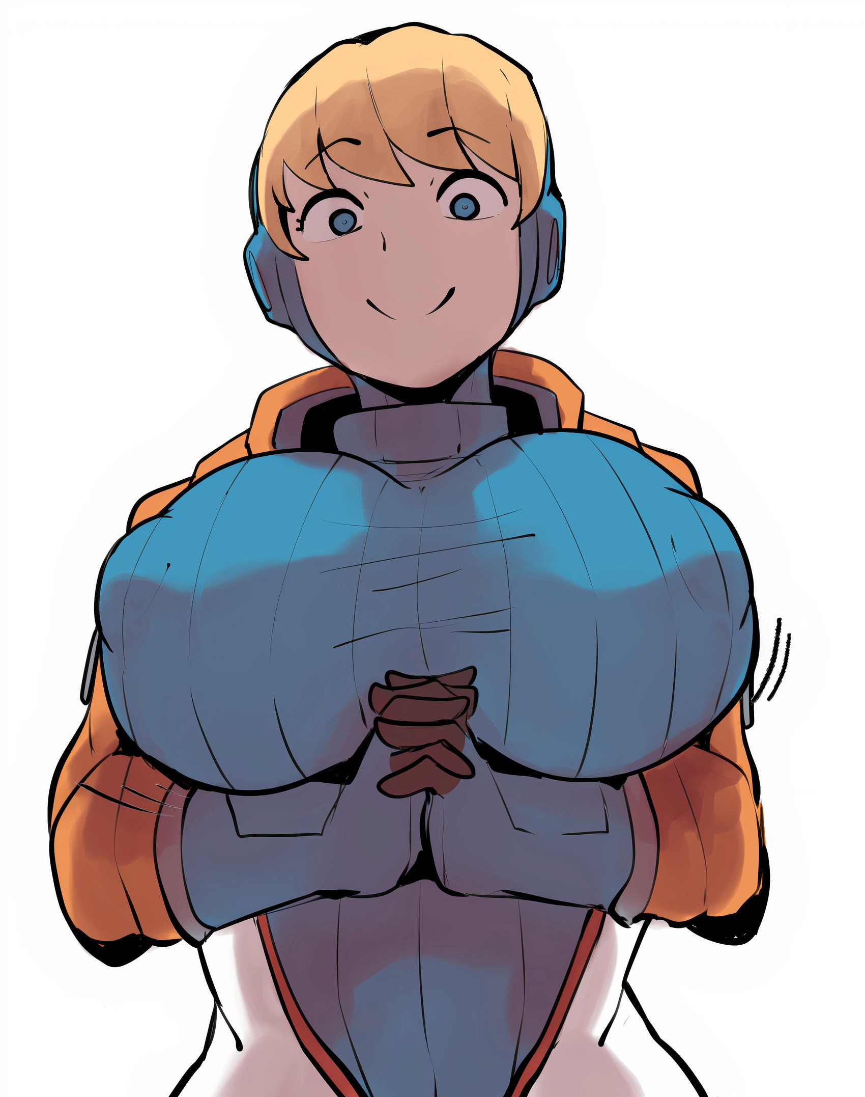1girls, 2022, apex legends, blonde hair, blue eyes, bodysuit, breast press, breast squeeze, breast squish, breasts, female, growth, happy, horu, huge breasts, looking at viewer, massive breasts, nipple bulge, nipples, nipples visible through clothing, simple background, smile, tight clothing, tight fit, wattson (apex legends)