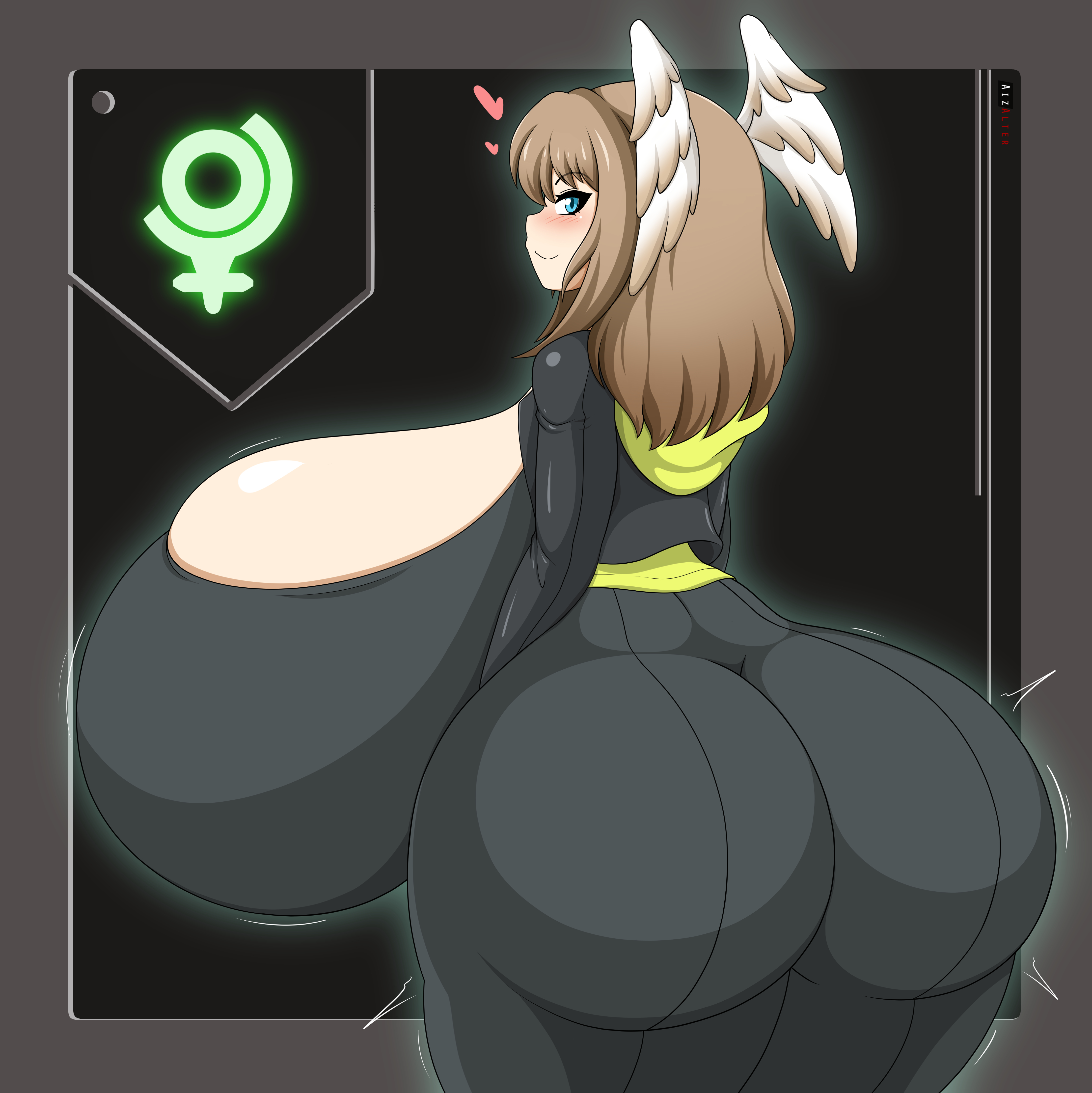 aizalter, ass, ass expansion, back view, black background, body transformation, breast expansion, breast growth, breast growth (enlargement), breasts, brown hair, eunie (xenoblade), female, figure transformation, gigantic breasts, grey background, hourglass figure, huge ass, transformation, wings, xenoblade (series), xenoblade chronicles 3
