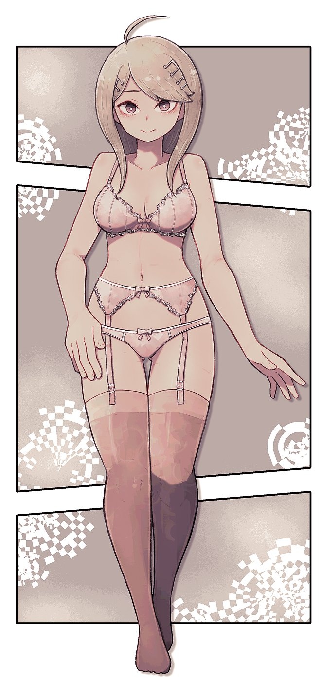 akamatsu kaede, blush, bra, breasts, danganronpa, danganronpa v3, female, female only, garter belt, garter straps, lamb-oic029, large breasts, lingerie, lingerie only, panties, smooth skin, thighhighs, underwear, underwear only