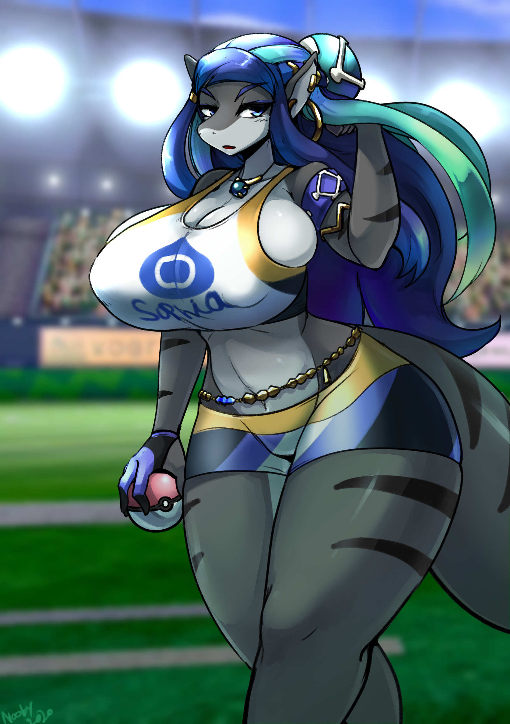 1girls, 2020, 2020s, absurd res, absurdres, alternate species, anthro, ass, big ass, big butt, blue eyes, blue hair, bottomwear, bra, breasts, cleavage, clothed, clothing, cosplay, curvy figure, digital media (artwork), female, female focus, female only, fish, game freak, gipehtyboon, gym leader, hair, hi res, holding poke ball, holding pokeball, huge breasts, large breasts, marine, nessa (pokemon) (cosplay), nintendo, nipple outline, non-mammal breasts, pokeball, pokemon, pokemon (franchise), pokemon (game), pokemon ss, pokemon trainer, rurina (pokemon) (cosplay), shark, shark girl, shark tail, shorts, solo, solo female, solo focus, sophia (atlanteandotxxx), sports bra, tail, thick tail, thick thighs, thighs, underwear, wide hips, yboon