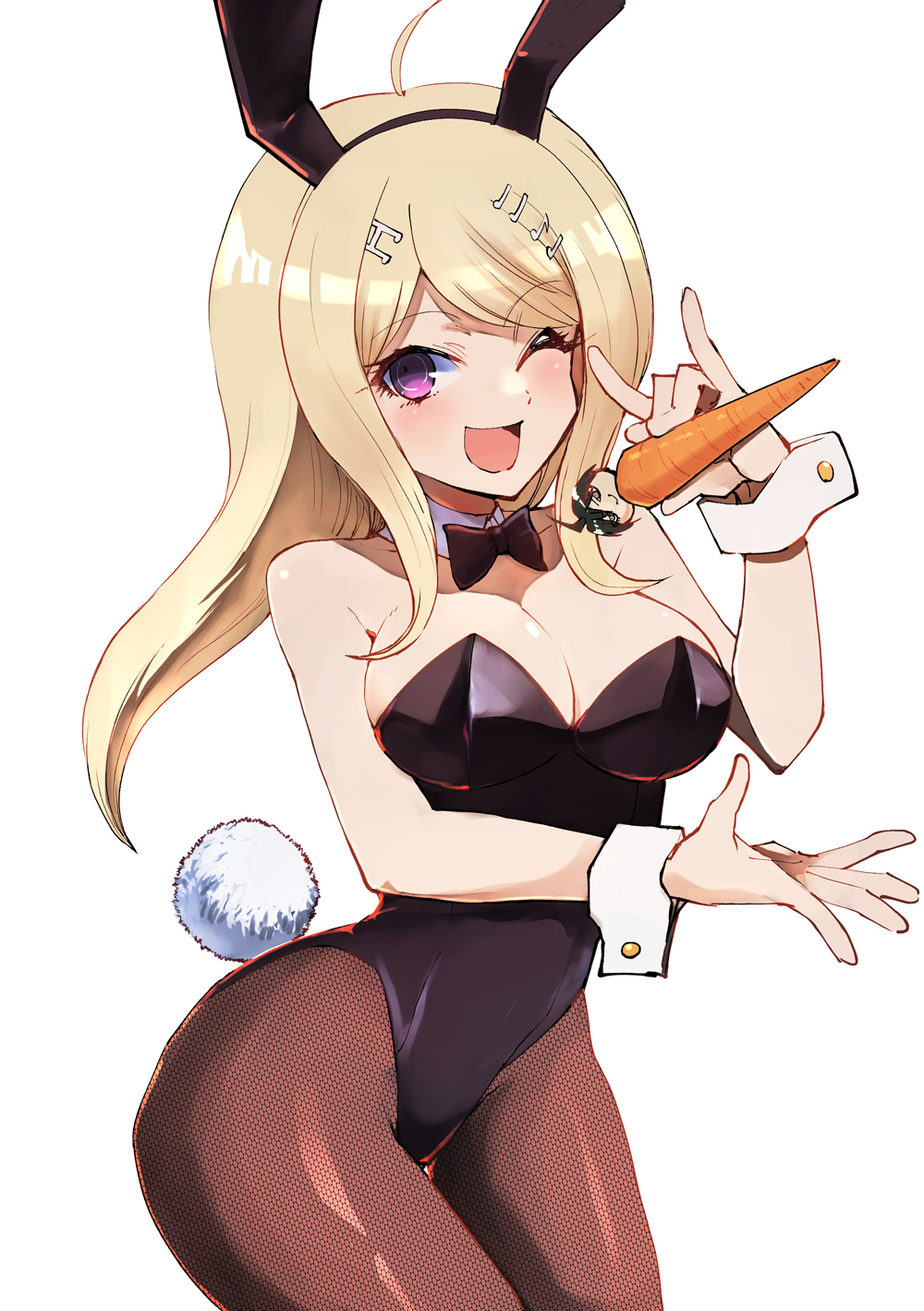 1girls, akamatsu kaede, background character, breasts, bunny ears, bunny girl, bunny tail, bunnysuit, cameo, cleavage, danganronpa, danganronpa v3, female, female only, fishnet pantyhose, fishnets, large breasts, pantyhose, saihara shuuichi, straight hair, tights, tsunemi aosa