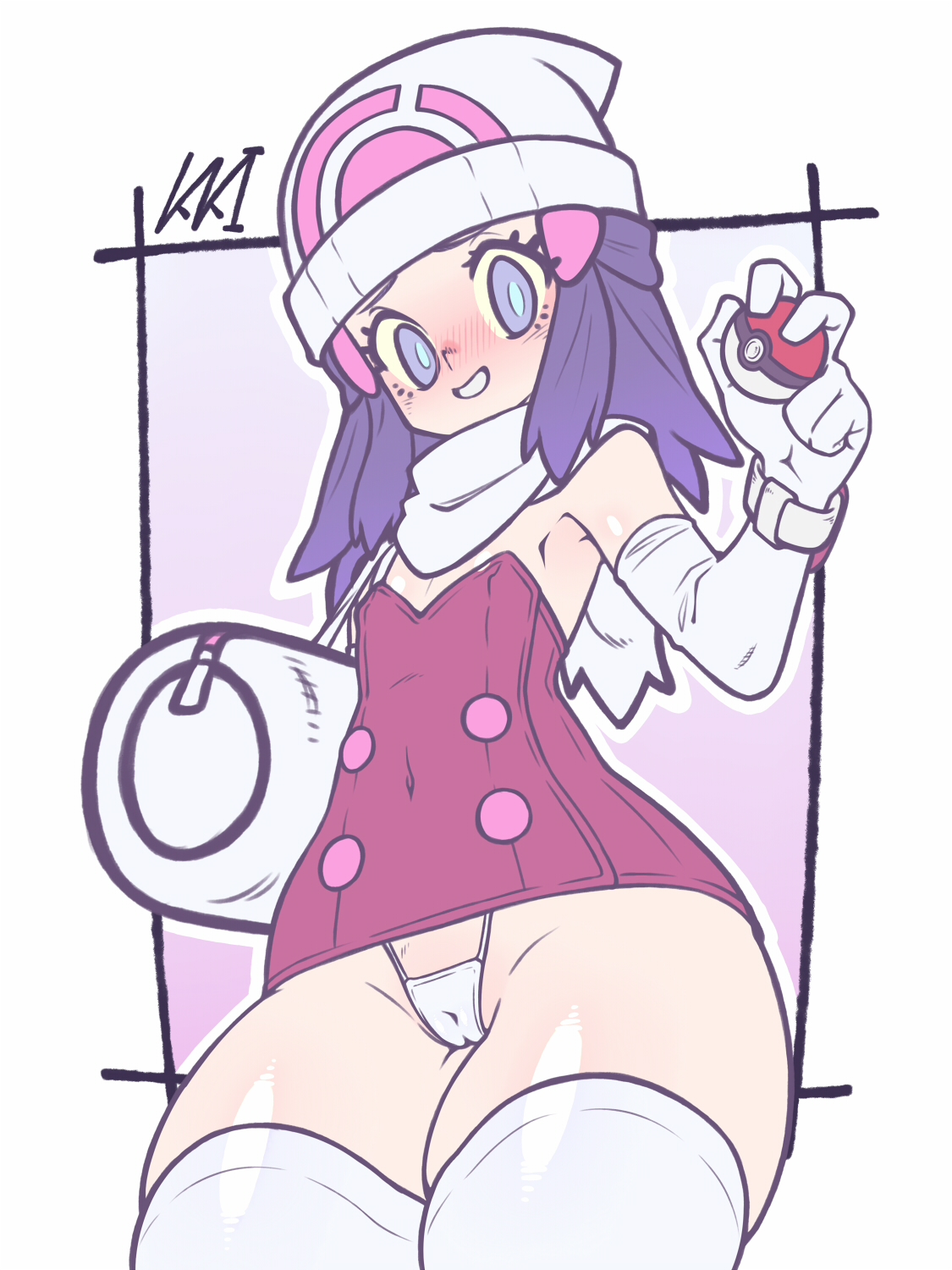 1girls, bag, blue eyes, blue hair, blush, breasts, cameltoe, dawn (pokemon platinum), dawn (pokemon), dress, eye contact, female, hat, hi res, hikari (pokemon), holding object, kaikoinu, light skin, light-skinned female, long hair, looking at viewer, narrow shoulders, nintendo, no pants, pokemon, pokemon dppt, pokemon platinum, pussy, revealing clothes, skimpy clothes, small breasts, solo, standing, thick thighs, thighhighs, thighs, thong, watch, wide hips, wristwatch