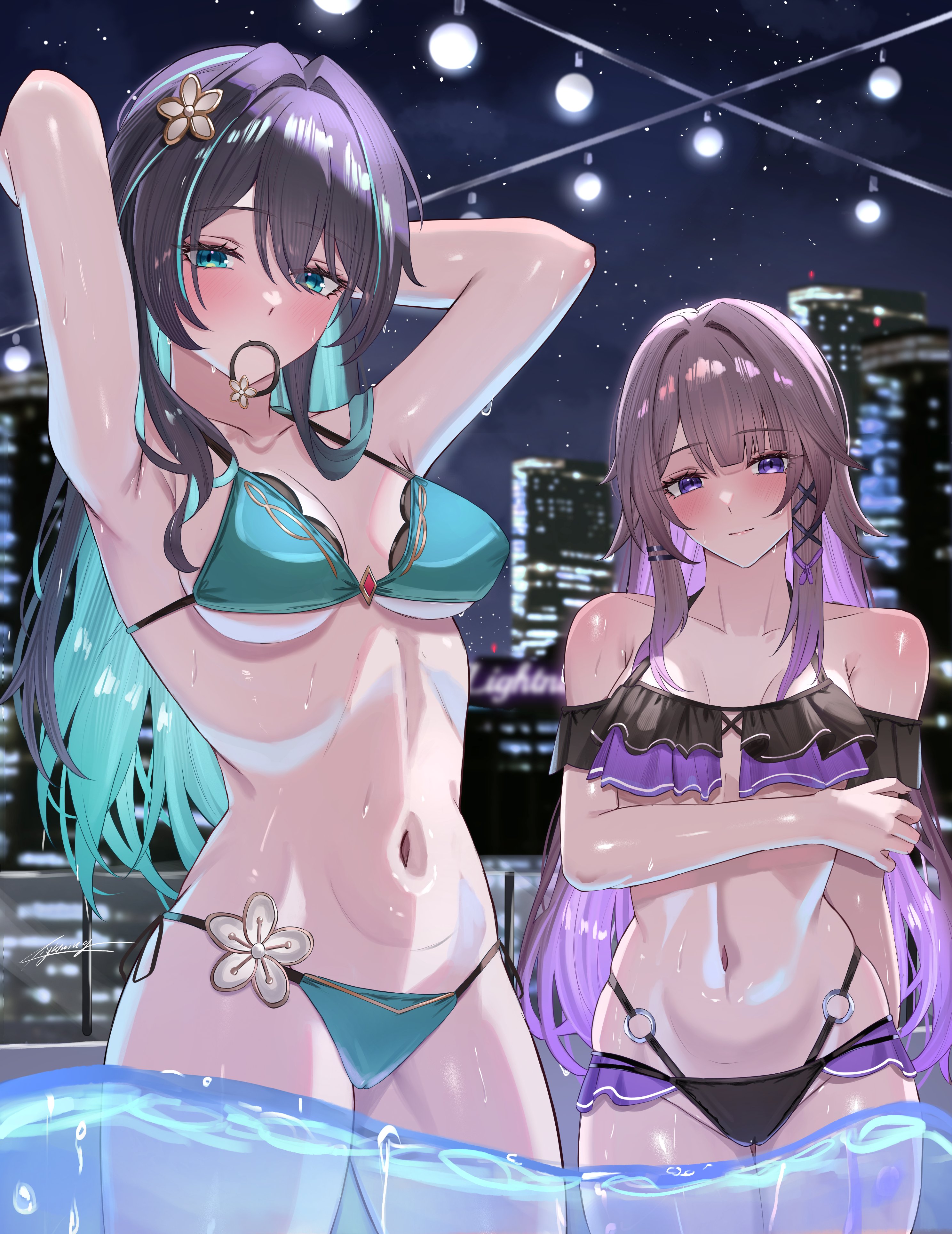 2girls, armpits, arms up, black hair, black swimsuit, brown hair, female, green eyes, green swimsuit, honkai: star rail, hoyoverse, lightning0730, long hair, mihoyo, night, night sky, pool, purple eyes, ruan mei (honkai: star rail), swimwear, the herta (honkai: star rail), water, wet