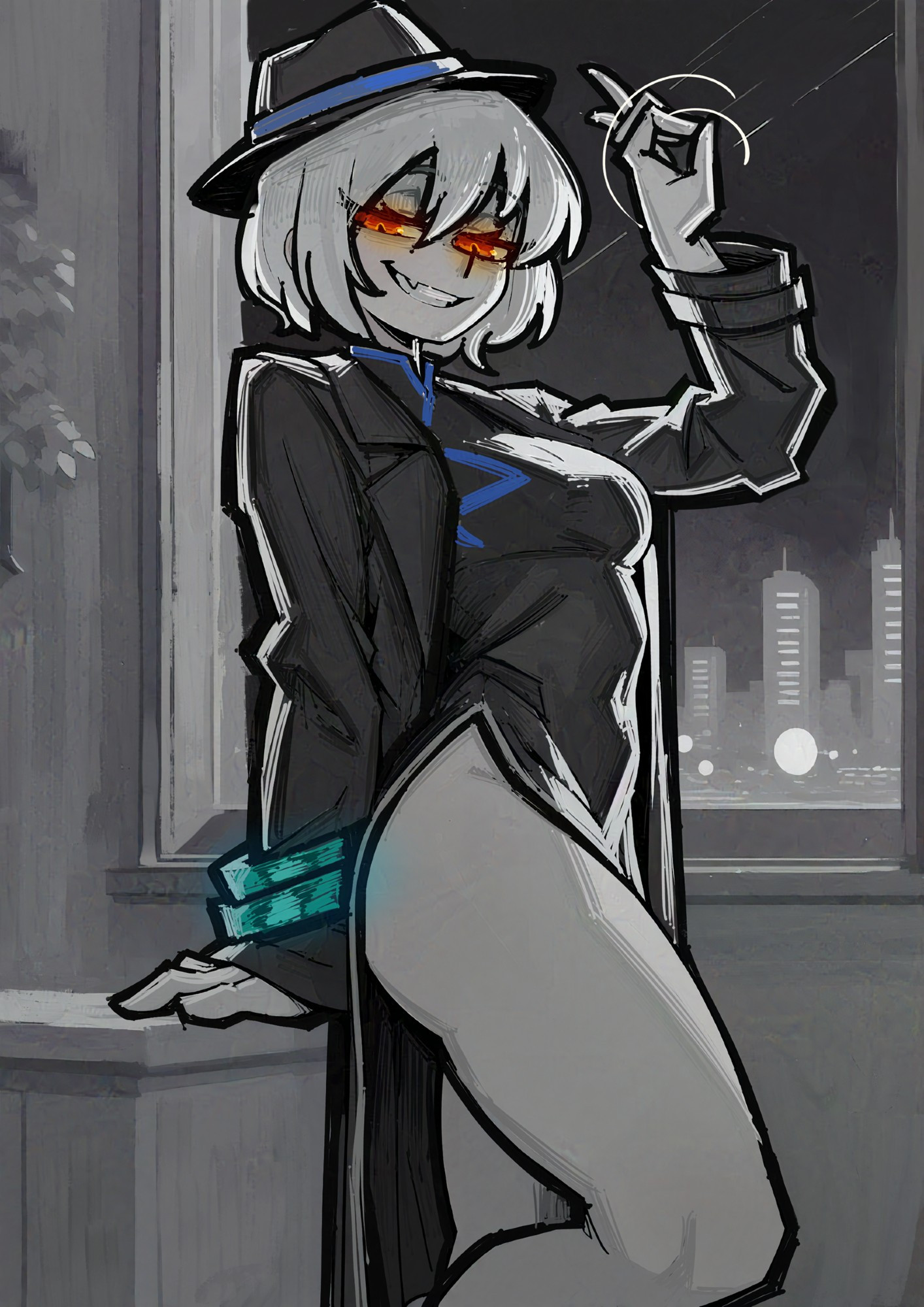 atris2nd, breasts, chinese clothes, cinq association (identity) (project moon), don quixote (limbus company), female, hand gesture, hat, jacket, limbus company, ok sign, orange eyes, project moon, yellow hair
