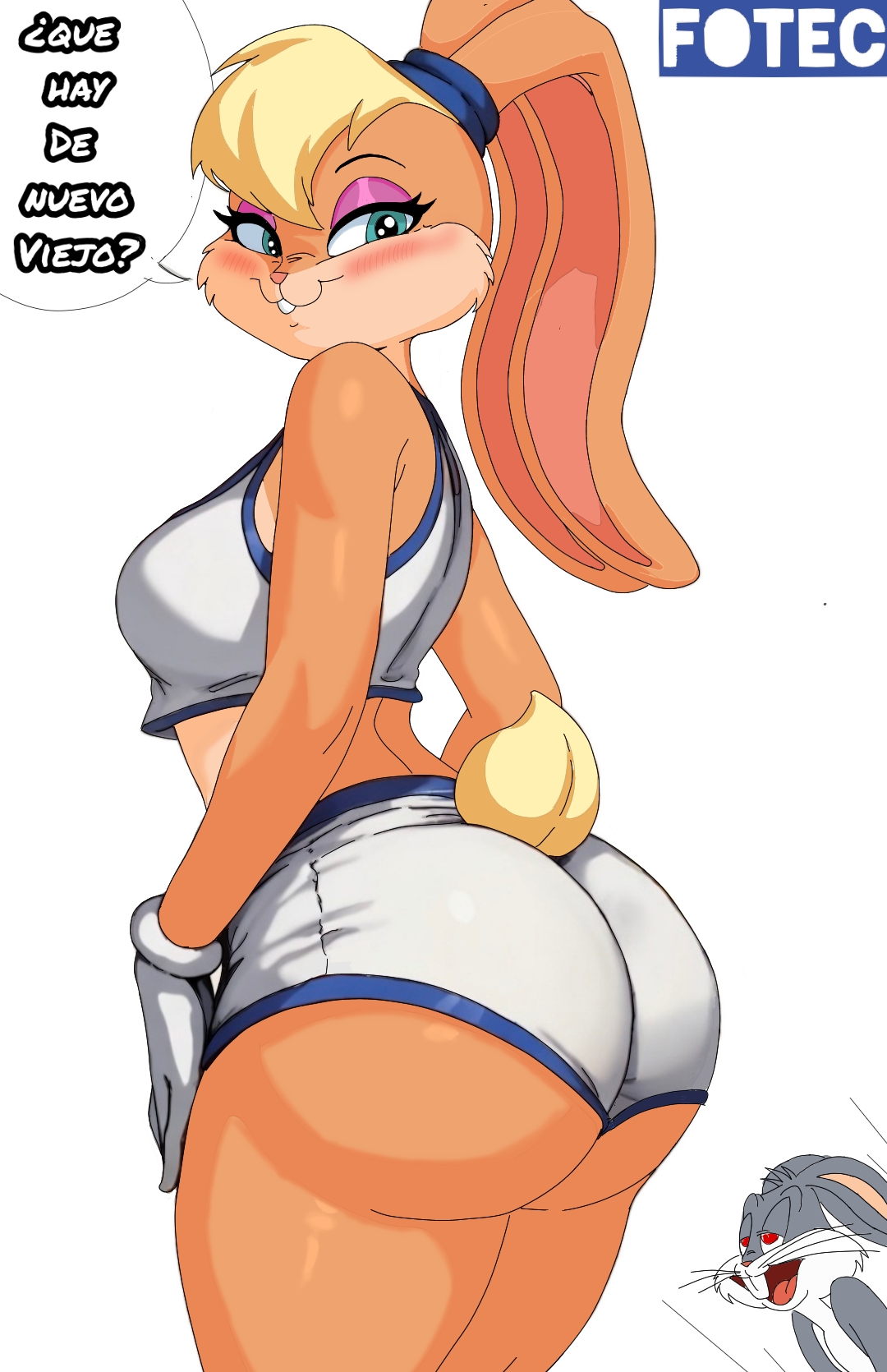 ass, ass bigger than head, ass focus, ass up, basket, basketball, basketball uniform, blonde female, blonde hair, blonde-haired female, blush, breasts, bubble ass, bubble but, bubble butt, bugs bunny, bunny, bunny boy, bunny ear, bunny ears, bunny girl, bunny tail, butt focus, dialog, dialogue, fotec, furry, furry ears, furry female, furry male, furry only, furry tail, gloves, light blue eyes, lola bunny, looney tunes, makeup, rabbit, rabbit boy, rabbit ear hairband, rabbit ears, rabbit girl, rabbit humanoid, rabbit tail, seducing, seduction, seductive, seductive body, seductive eyes, seductive look, seductive mouth, seductive pose, seductive smile, shorts, space jam, spanish, spanish dialogue, spanish text, sport, sports, sports bra, sports shorts, sports uniform, tail, talking, talking to viewer, thick, thick ass, thick hips, thick legs, thick thighs, thighhighs, thighs, uniform, warner bros, warner brothers, white gloves, yellow hair