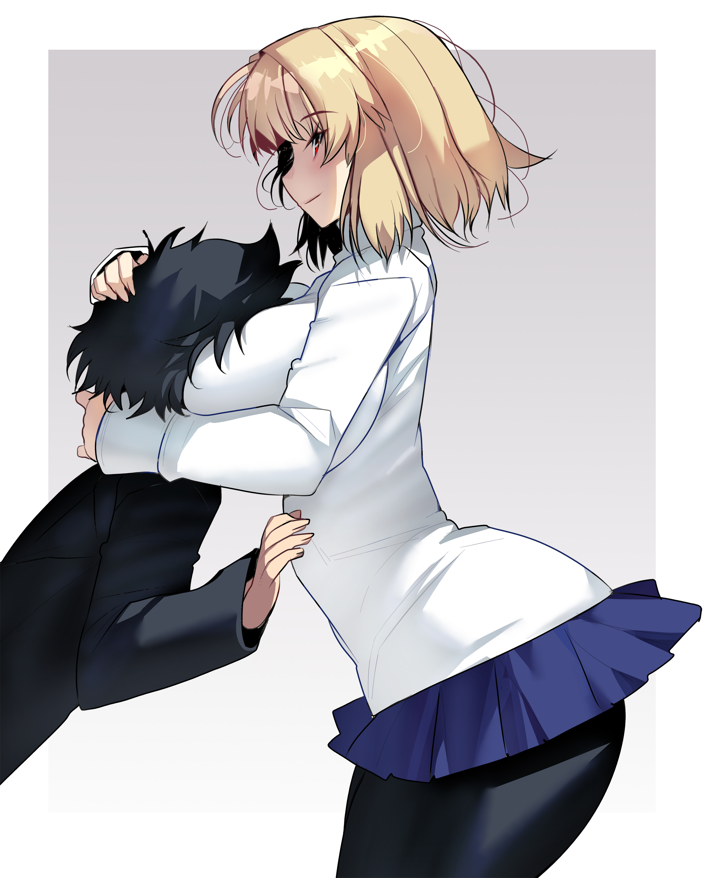 1boy, absurdres, arcueid brunestud, black hair, black pantyhose, blonde hair, blue skirt, blush, breast smother, breasts, commentary request, commission, curvy, face to breasts, female, from behind, grabbing another's head, highres, huge breasts, kouno (masao), large breasts, male, melty blood, pantyhose, plump, red eyes, school uniform, short hair, skeb commission, skirt, smile, souya high school uniform, sweater, thighhighs, tohno shiki, tsukihime, tsukihime (remake), turtleneck, turtleneck sweater, white sweater