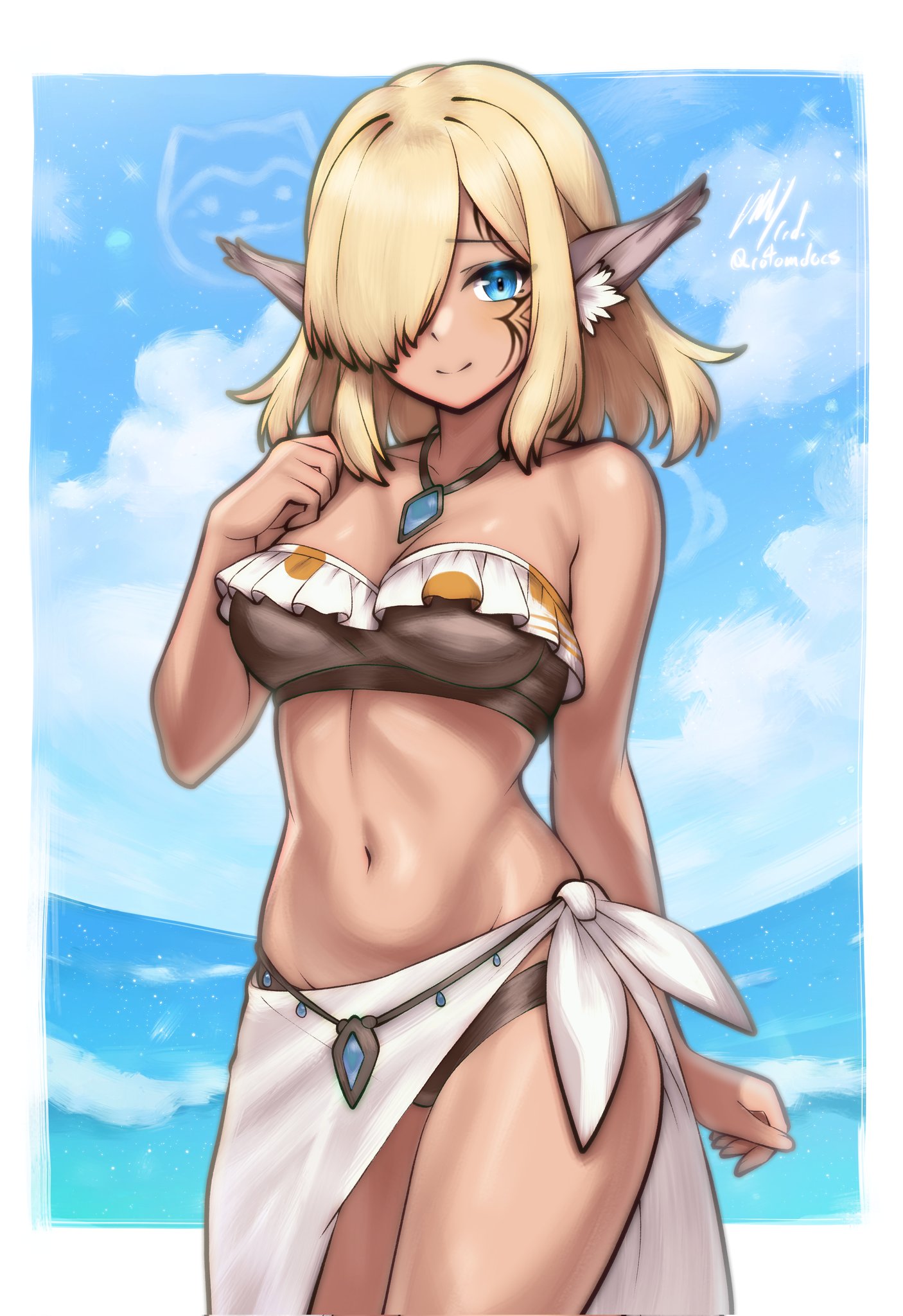 1girls, beach, bikini, blonde hair, blue eyes, celica (xenoblade x), female, long ears, looking at viewer, rotomdocs, solo, swimsuit, swimwear, tan skin, xenoblade (series), xenoblade chronicles x