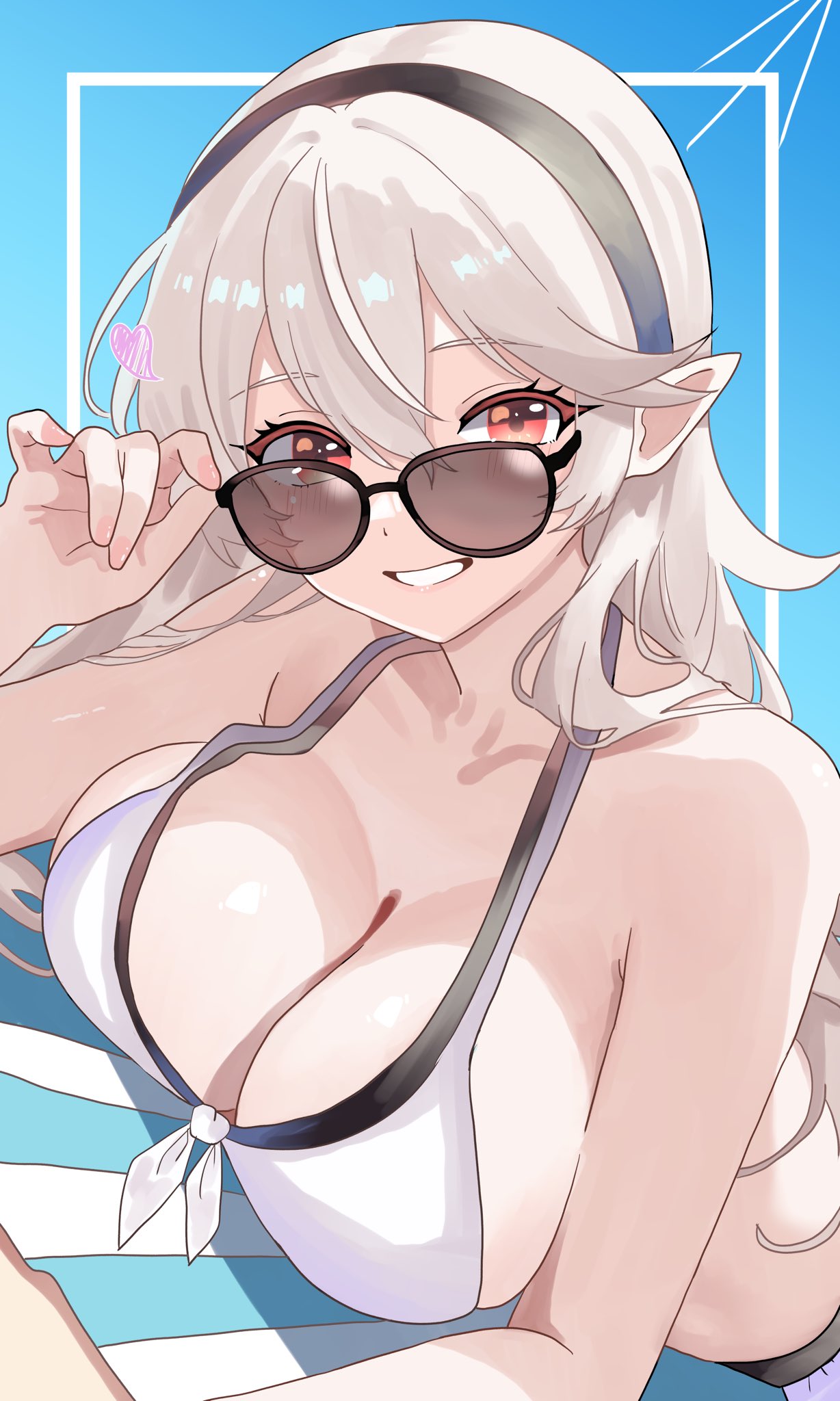 1girls bikini black_hairband blush breast_press breasts cleavage corrin_(female)_(fire_emblem) corrin_(female)_(novice_vacationer)_(fire_emblem) corrin_(fire_emblem) female fire_emblem fire_emblem_fates fire_emblem_heroes grey_hair hair_between_eyes hairband highres large_breasts long_hair looking_at_viewer n_54 official_alternate_costume pointy_ears princess red_eyes royalty sideboob skindentation smile solo swimsuit white_bikini white_hair