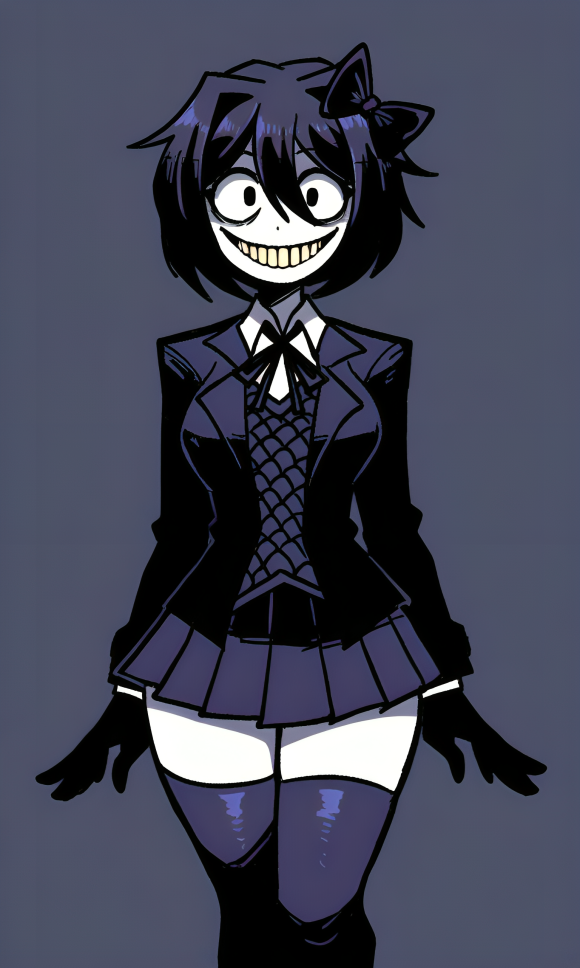 2017_x ai_generated alternate_design big_breasts black_eyes blazer bow bow_in_hair clothed collared_shirt creepy_smile dark_blue_background dark_blue_clothing dark_blue_hair jacket looking_at_viewer open_blazer pale_skin pixai ribbon sayori_(doki_doki_literature_club) shadows short_hair shoulder_length_hair simple_background skirt smile smiling_at_viewer sonic.exe_(series) thick_thighs thighhighs vest yellow_teeth