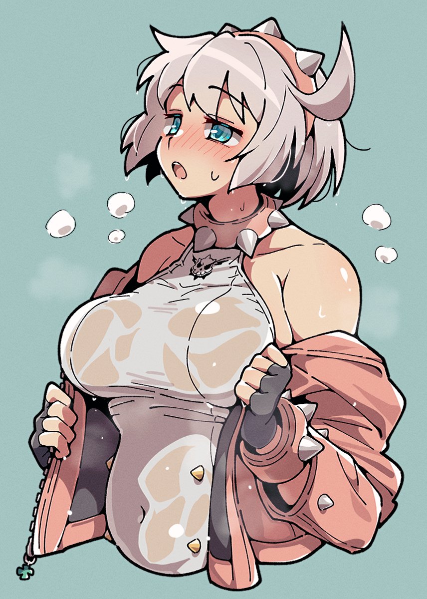 1girls, big breasts, blue eyes, breasts, elphelt valentine, female, guilty gear, guilty gear strive, itsuka neru, jacket, short hair, solo, sweat, sweaty, sweaty breasts, undressing, white hair