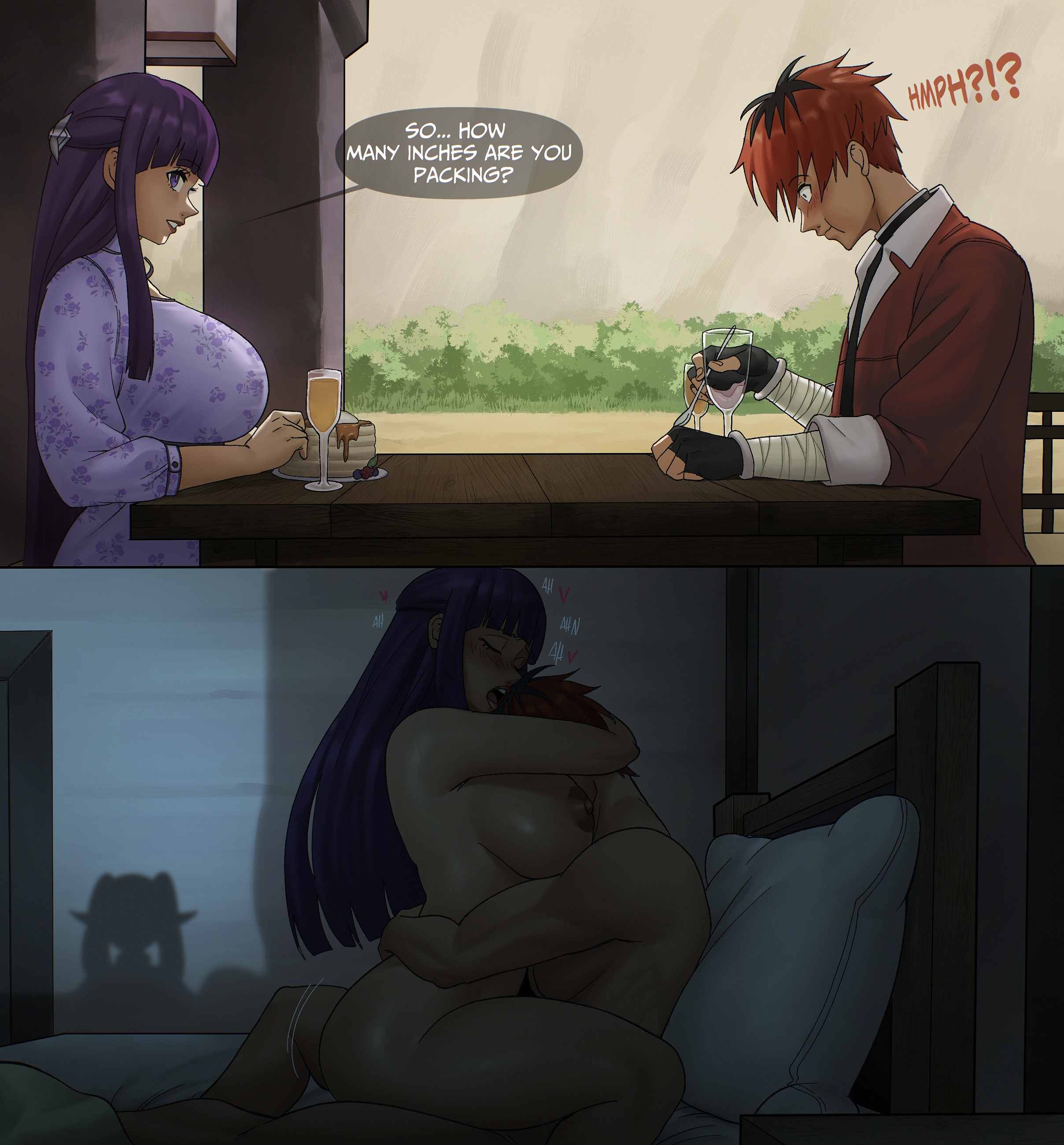 1boy, 2026, 2girls, alternate muscle size, are you a virgin? (meme), arm around neck, aroused, background, background character, background characters, bent over, big ass, big breasts, blush, breast smother, breasts, breasts bigger than head, comic, dark, echosaber, elf, elf ears, elf female, embrace, english text, eyes closed, face between breasts, faceless female, fat ass, fat breasts, female, female penetrated, fern (sousou no frieren), frieren, frieren beyond journey's end, happy sex, hourglass figure, hugging from behind, human, human female, human male, large breasts, light-skinned female, light-skinned male, long hair, looking pleasured, male, male penetrating, male penetrating female, moaning, multiple girls, muscular male, naked, nipples, nude, open mouth, passionate, penetration, pointy ears, purple hair, pussy, red hair, round ass, sex, slim waist, smothering, sousou no frieren, speech bubble, stark (sousou no frieren), straddling, straight, straight sex, text, thick, thick ass, thick thighs, thighs, thrusting, vaginal penetration, voluptuous, voluptuous female, voyeur, watching sex, white hair, wide hips, window, wine glass