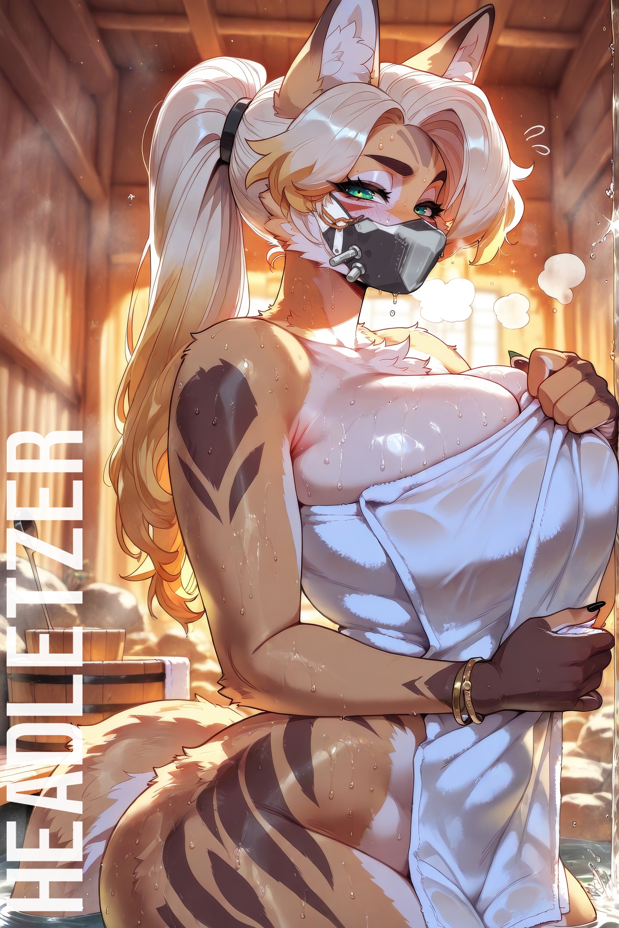 1girls, ai generated, animal ears, animal tail, blonde hair, breasts, cleavage, female, furry, headletzer, huge breasts, large breasts, massive breasts, onsen, pulchra (zenless zone zero), pulchra fellini, sauna, solo, tagme, towel only, zenless zone zero