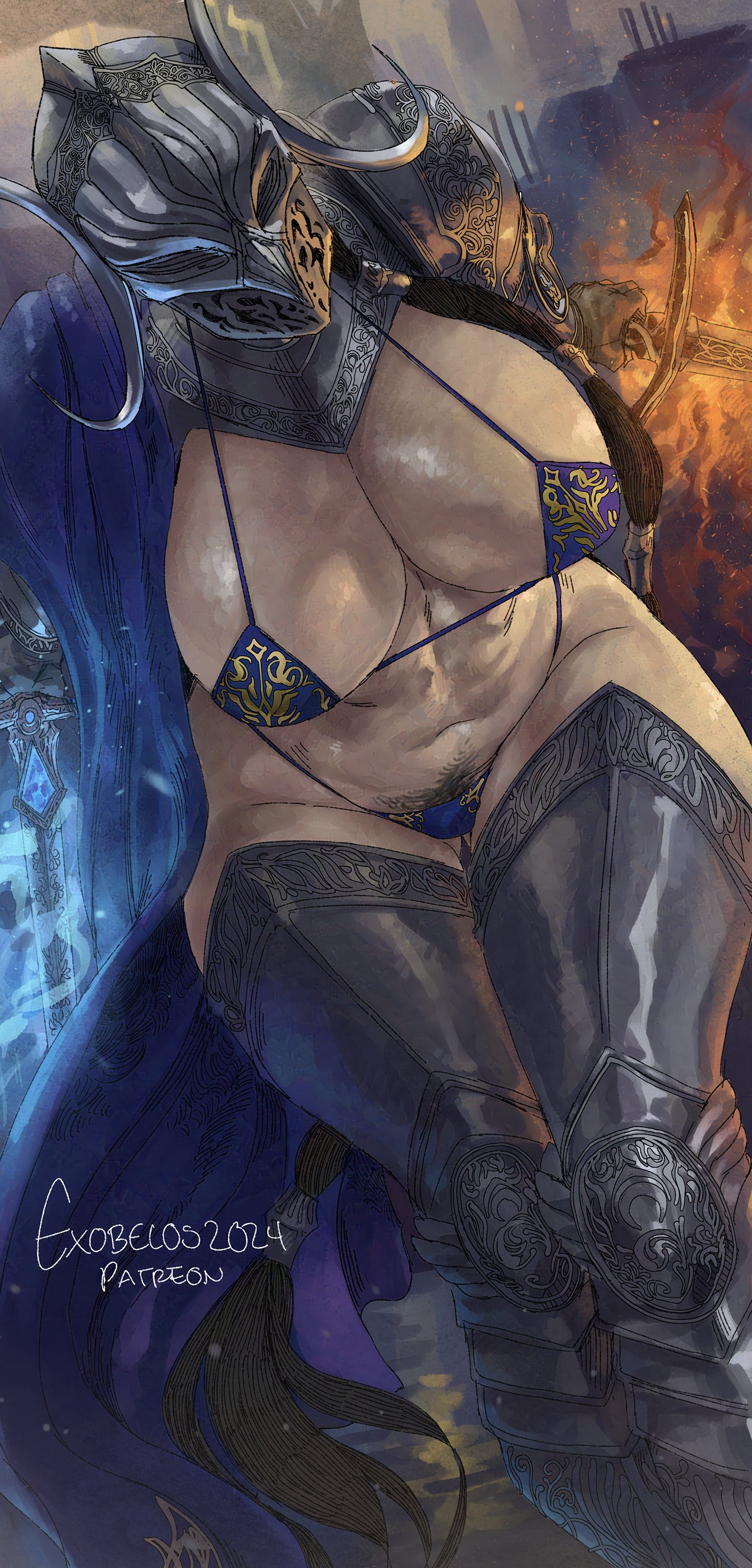 1girls, abs, armor, armored female, armored thigh highs, big breasts, bikini, black hair, breasts, busty, curvaceous, curves, curvy, curvy body, curvy female, curvy figure, curvy hips, dark hair, elden ring, exobelos, female, female knight, female only, female pubic hair, fit, fit female, fromsoftware, gauntlets, hairy pussy, helmet, high-angle view, hips, huge breasts, large breasts, light skin, light-skinned female, long hair, massive breasts, milf, pale skin, pale-skinned female, panties, princess, pubic hair, pubic hair peek, pussy, rellana twin moon knight, royalty, shadow of the erdtree, skimpy armor, solo, thick thighs, thigh highs, thighhighs, thin waist