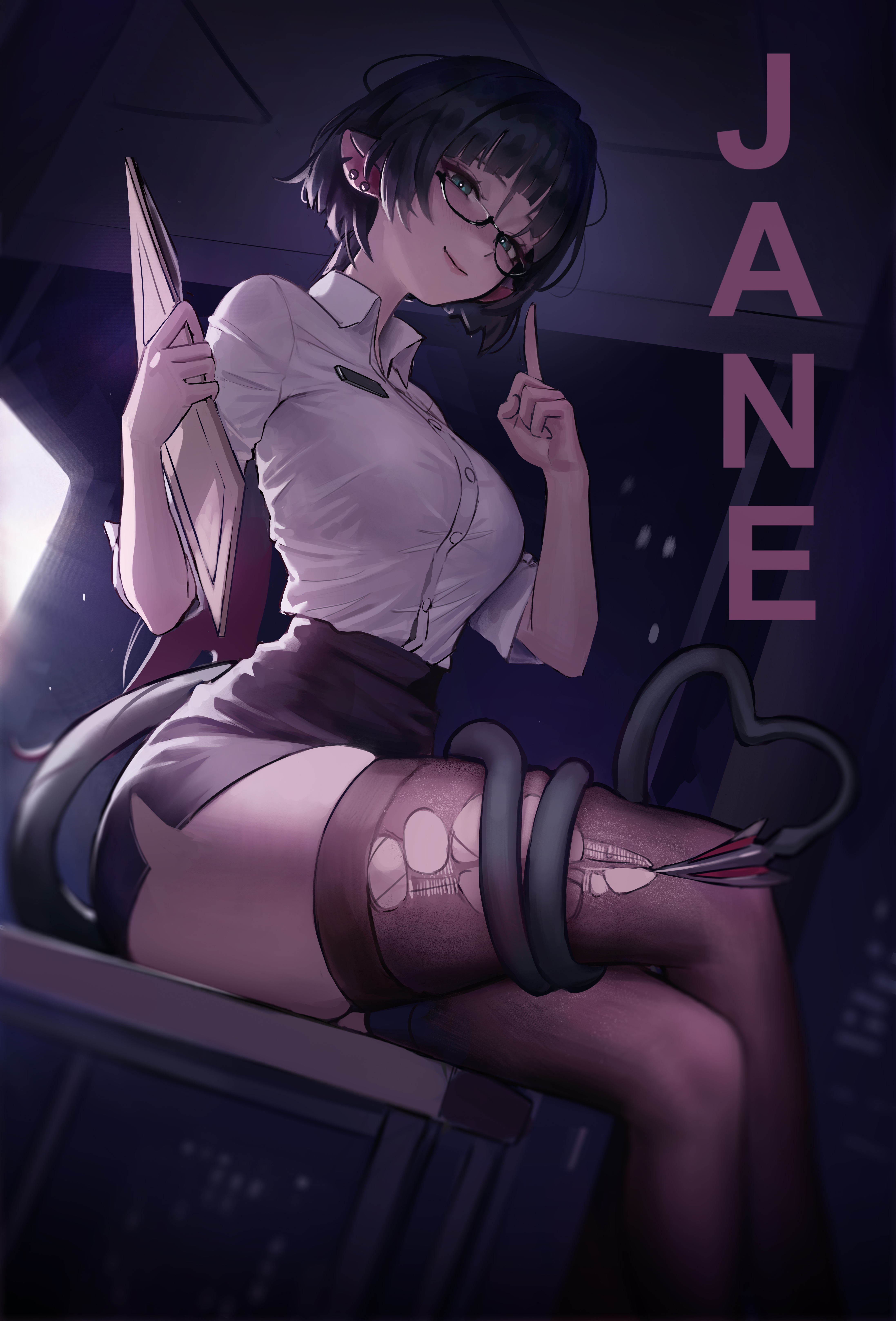 1girls, absurdres, alternate costume, animal ears, black pantyhose, black shorts, black thighhighs, blunt bangs, character name, closed mouth, commentary, crossed legs, dress shirt, female, female only, glasses, green eyes, green hair, high-waist shorts, highres, hyuk (yeayeo), indoors, jane doe (zenless zone zero), long hair, looking at viewer, mouse ears, mouse girl, mouse tail, multicolored hair, night, office, office lady, pantyhose, pencil skirt, red hair, shirt, shirt tucked in, short sleeves, shorts, sidelocks, single leg pantyhose, single thighhigh, sitting, skirt, smile, solo, tail, tail around own leg, thighhighs, thighs, torn clothes, torn thighhighs, two-tone hair, white shirt, zenless zone zero