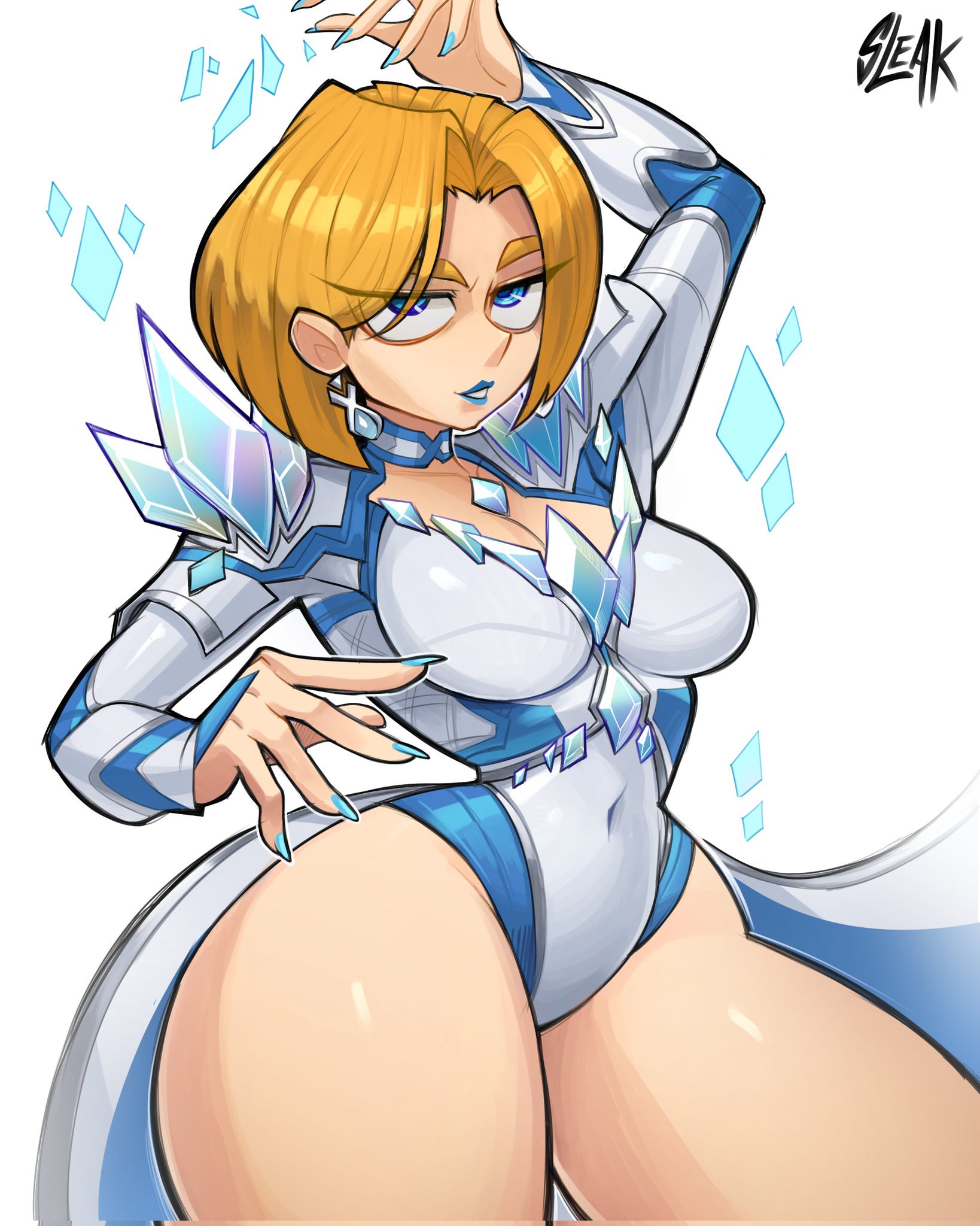 1girls, 2025, ass, ass focus, big ass, big butt, big muscles, blonde female, blonde hair, blue eyes, blue lipstick, blue nails, bob cut, breasts, butt focus, cleavage, ear piercing, earrings, emma frost, emma frost (marvel rivals), female, female focus, high heels, highres, large breasts, light skin, light-skinned female, lipstick, looking at viewer, marvel, marvel comics, marvel rivals, muscles, muscular, nail polish, not porn, short hair, sleakj3, thick thighs, thighs