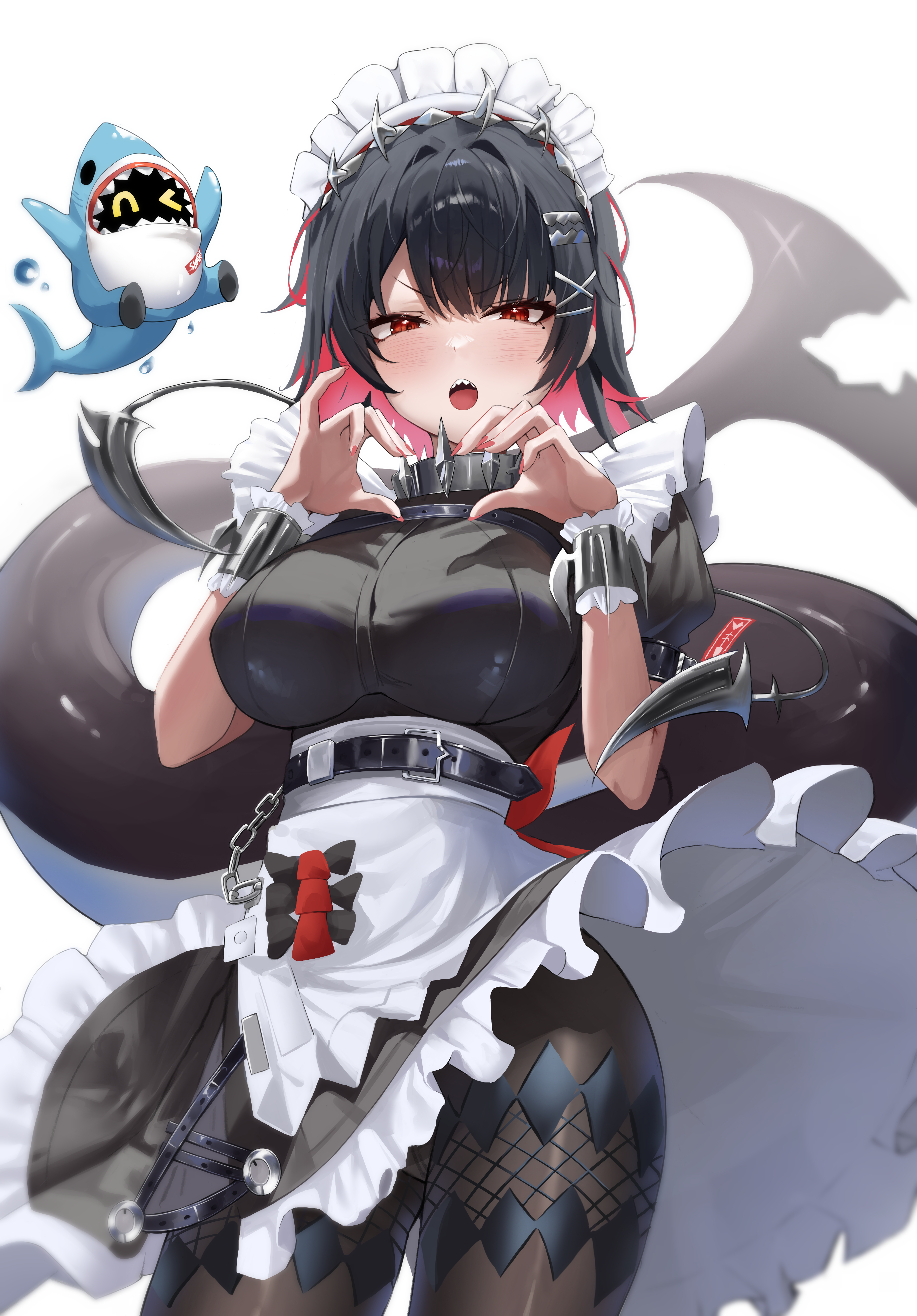 absurdres, black pantyhose, blush, breasts, colored inner hair, ellen joe, female, female only, fingernails, fins, fish tail, hair between eyes, hair ornament, hairclip, heart, heart hands, highres, hikimori 1, large breasts, looking at viewer, maid, maid headdress, mole, mole under eye, multicolored hair, nail polish, pantyhose, red eyes, red hair, red nails, shark girl, shark tail, sharkboo (zenless zone zero), sharp teeth, short hair, sidelocks, simple background, solo, tail, teeth, thighs, two-tone hair, v-shaped eyebrows, white background, zenless zone zero