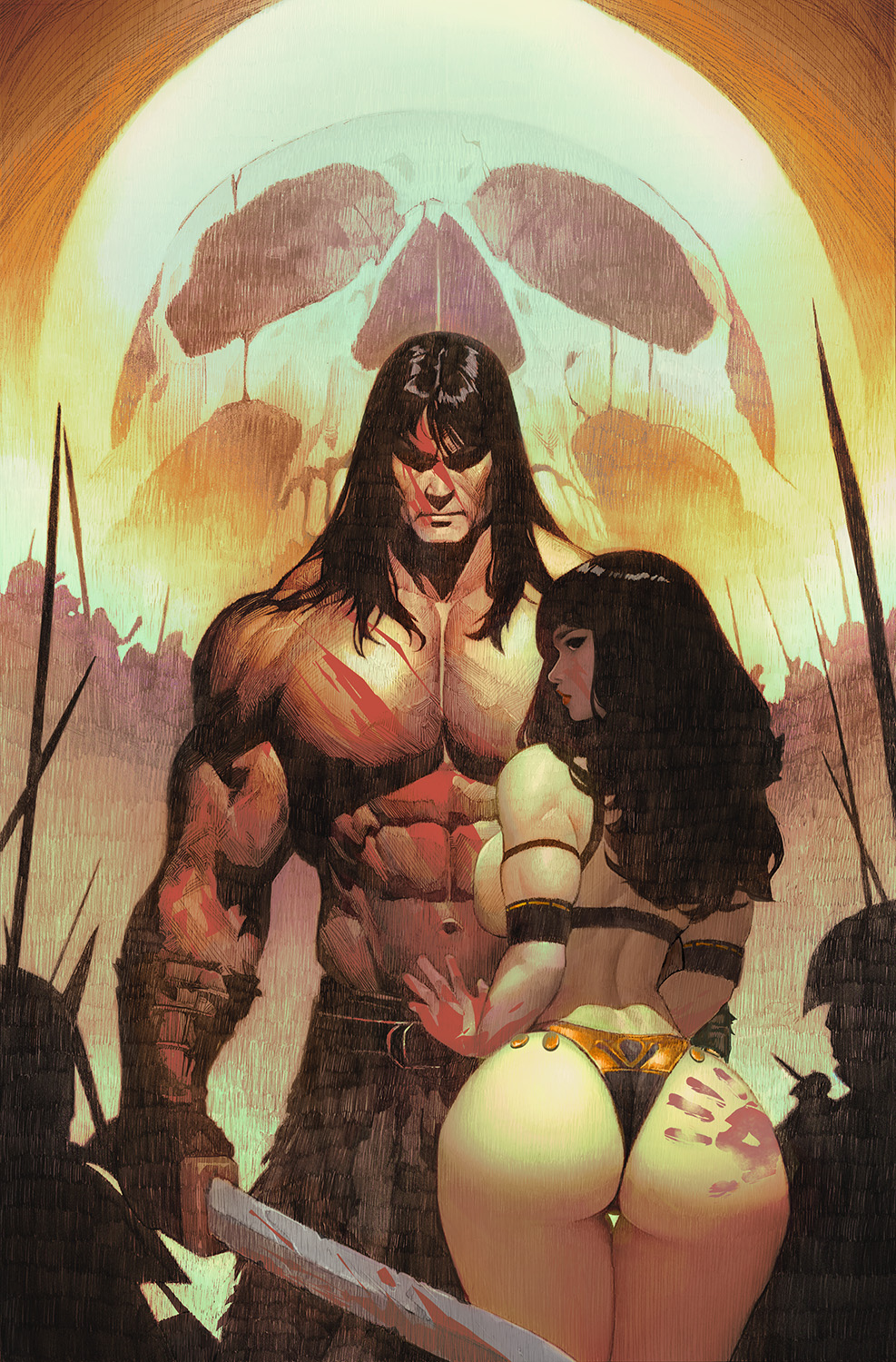 1boy 1girls ass_focus blood blood_stain conan conan_the_barbarian_(series) female handprint handprint_on_ass ickpot looking_at_viewer male muscular muscular_male pinup tagme thick_thighs
