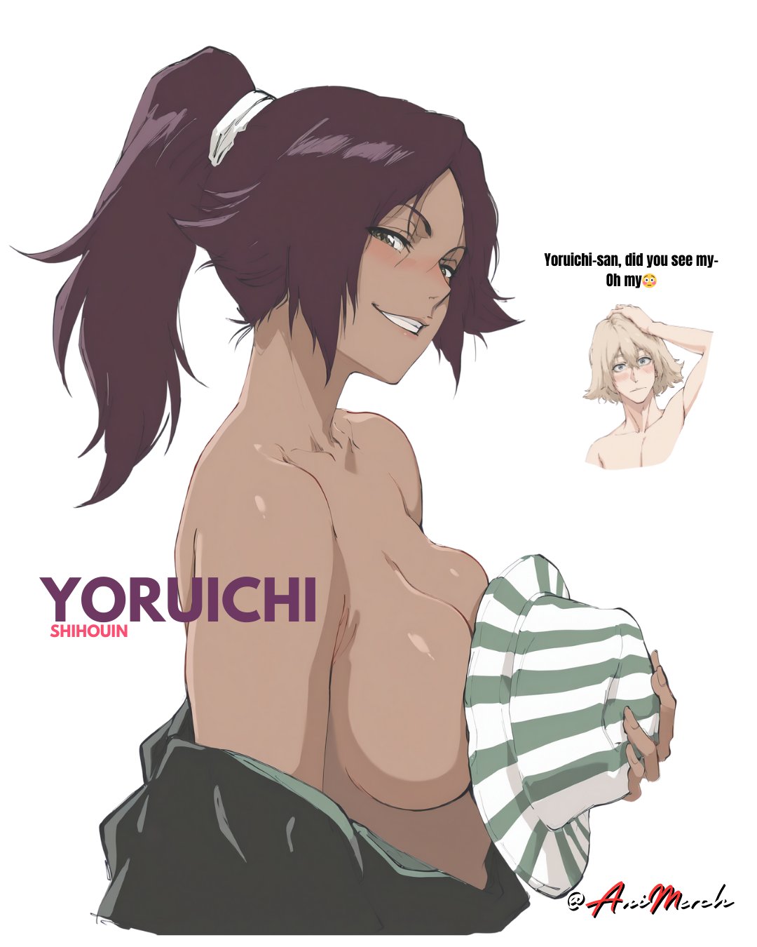 1boy, 1girls, ai generated, animerch, bleach, breasts, covering breasts, dark skin, dark-skinned female, english text, female, hat, hiding breasts, kisuke urahara, male, medium breasts, naughty face, ouch meme, ponytail, purple hair, shihouin yoruichi, sideboob