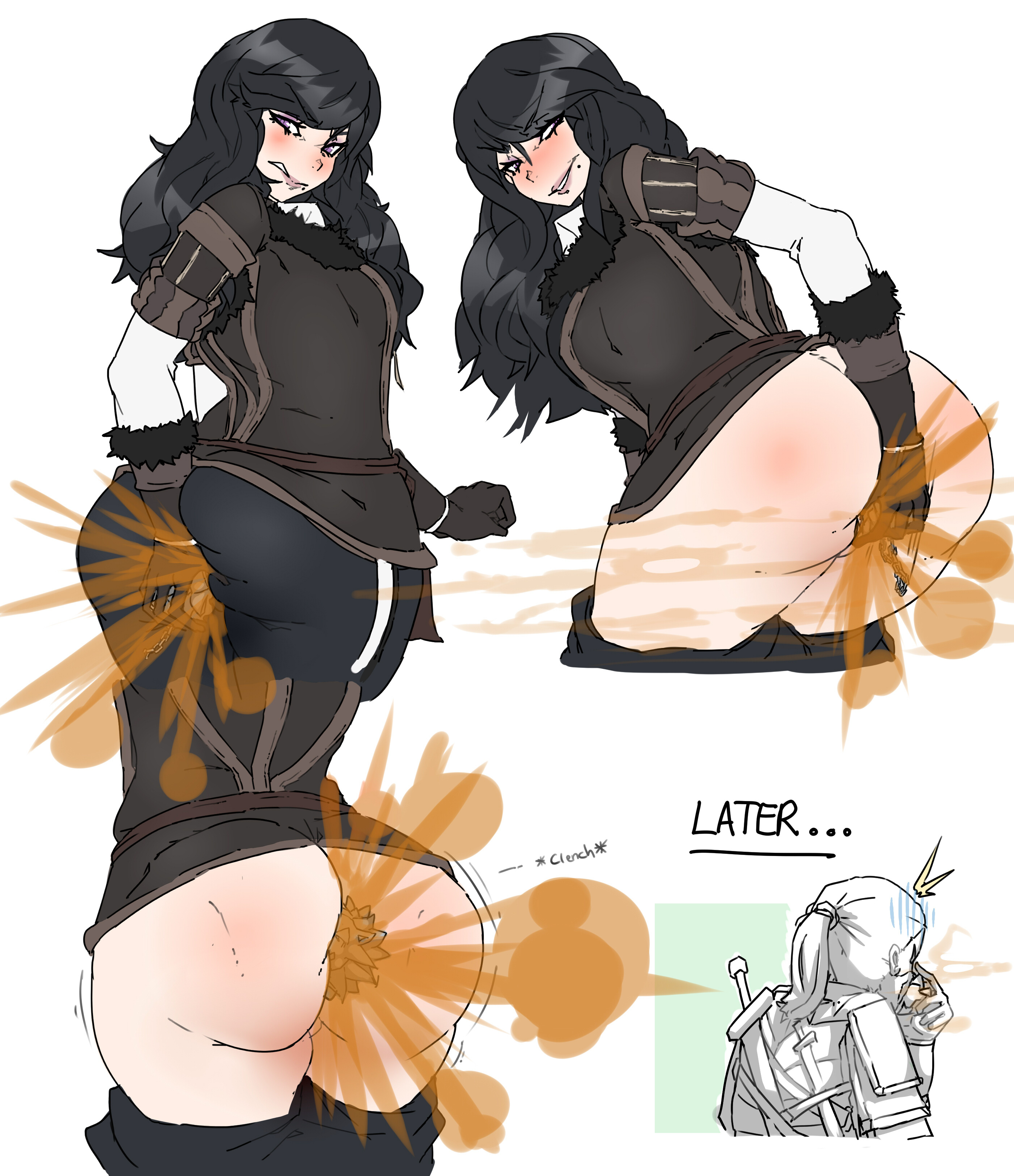 1boy, 1girls, ass, ass bigger than head, big ass, big butt, black hair, blush, cd projekt red, fart, fart cloud, fart fetish, farting, farting on object, female, geralt of rivia, lazei, looking back, male, mole, mole under mouth, pants down, pink eyes, rear view, smile, standing, the witcher (series), the witcher 3: wild hunt, thick thighs, viewed from behind, witcher medallion, yennefer