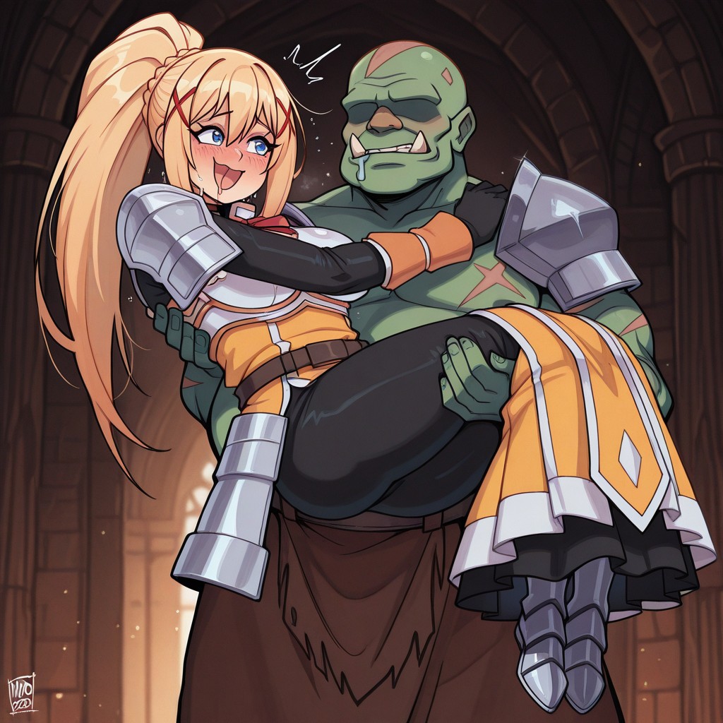 1boy, 1girls, ai generated, balfaphico, darkness (konosuba), fat male, female, green skin, green-skinned male, human, human female, imminent sex, kono subarashii sekai ni shukufuku wo!, light skin, light-skinned female, male, male/female, monster, orc, orc male