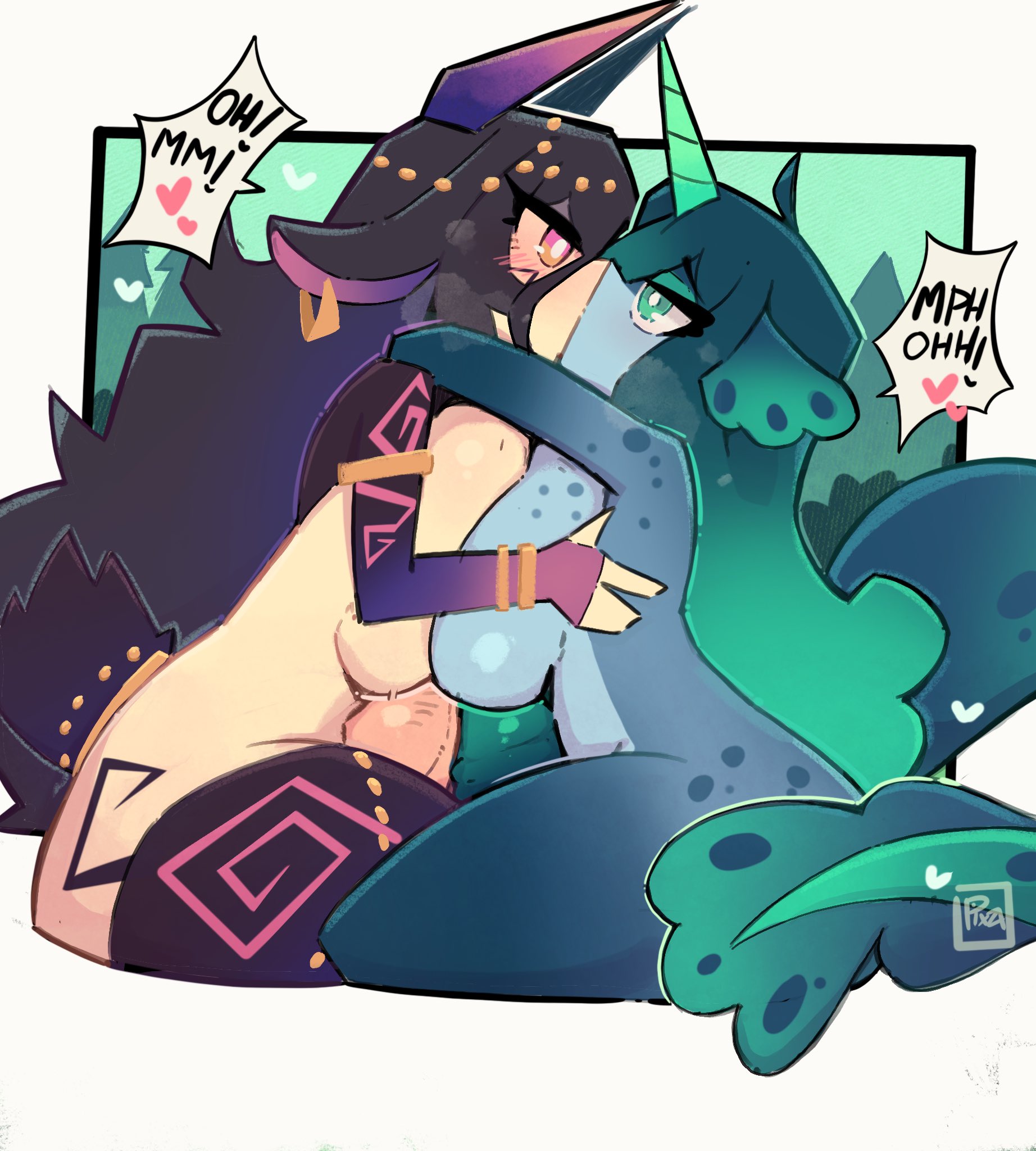 2futas, big breasts, blush, breasts, character name, character request, cleavage, clothed, clothing, female, female focus, futanari, intersex, kissing, original, original character, original characters, pixzapix, series request, tagme