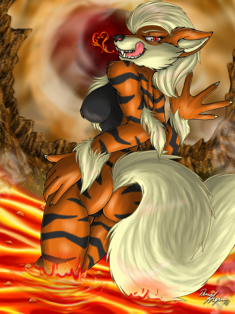 anthro arcanine ass breasts bubbles canine female looking_at_viewer looking_back nude pokemon pokemon_(species) pussy red_eyes rena_ayama_(artist) solo tail tongue