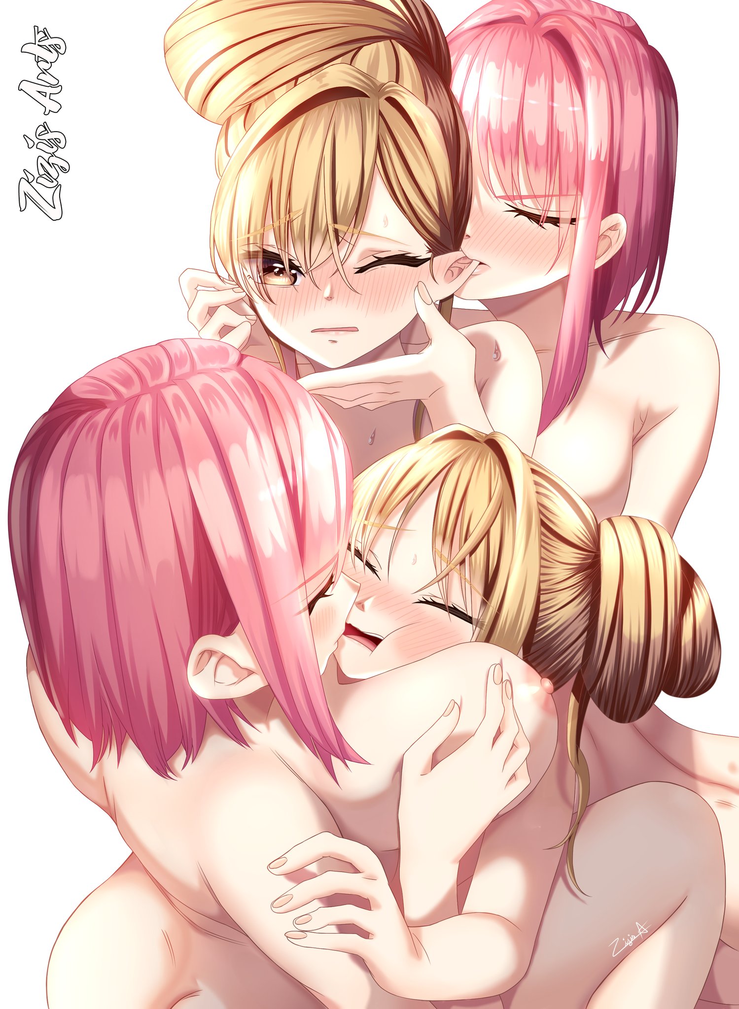 2girls, blonde hair, blush, breasts, brown eyes, face to breasts, female, hanazono hakari, highres, inda karane, kimi no koto ga dai dai dai dai daisuki na 100-nin no kanojo, multiple females, multiple girls, nipples, nude, pink hair, yuri, zizis arts