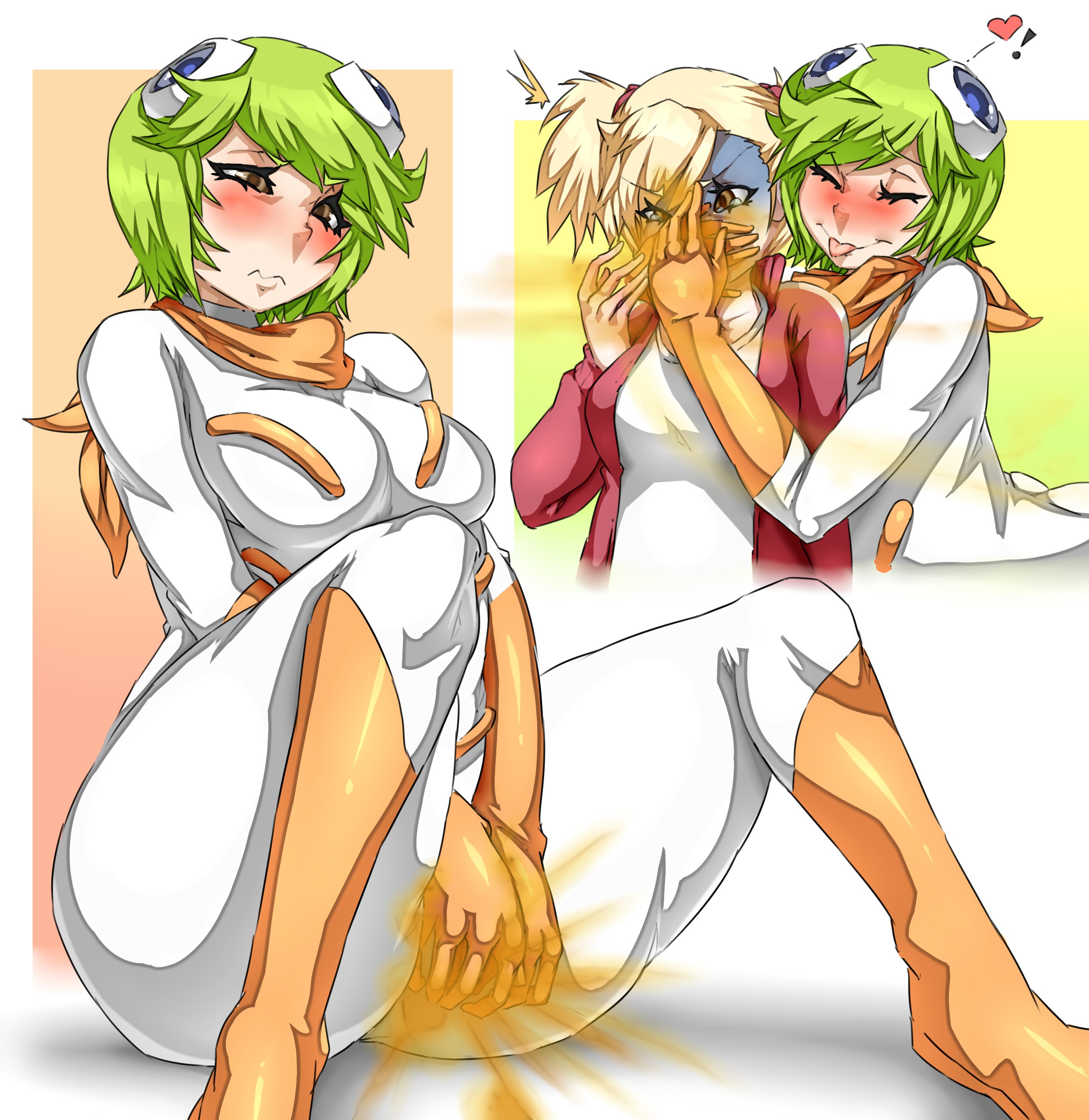 2girls, ass, bleach, blonde hair, blush, bodysuit, brown eyes, closed eyes, cupping ass, cupping hands, disgusted, fart, fart cloud, fart fetish, fart torture, farting, female, forced sniffing, forced to sniffing, green hair, hand on mouth, hand on nose, hand over mouth, heart, hiyori sarugaki, kuna mashiro, lazei, sarugaki hiyori, short hair, sitting, smile, tears, tongue, tongue out, white bodysuit, yuri