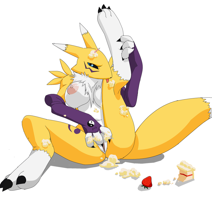 anthro birthday breasts cake canine chest_tuft digimon female fox fur furano furry licking looking_at_viewer messy pussy raised_leg renamon solo strawberry tail tongue