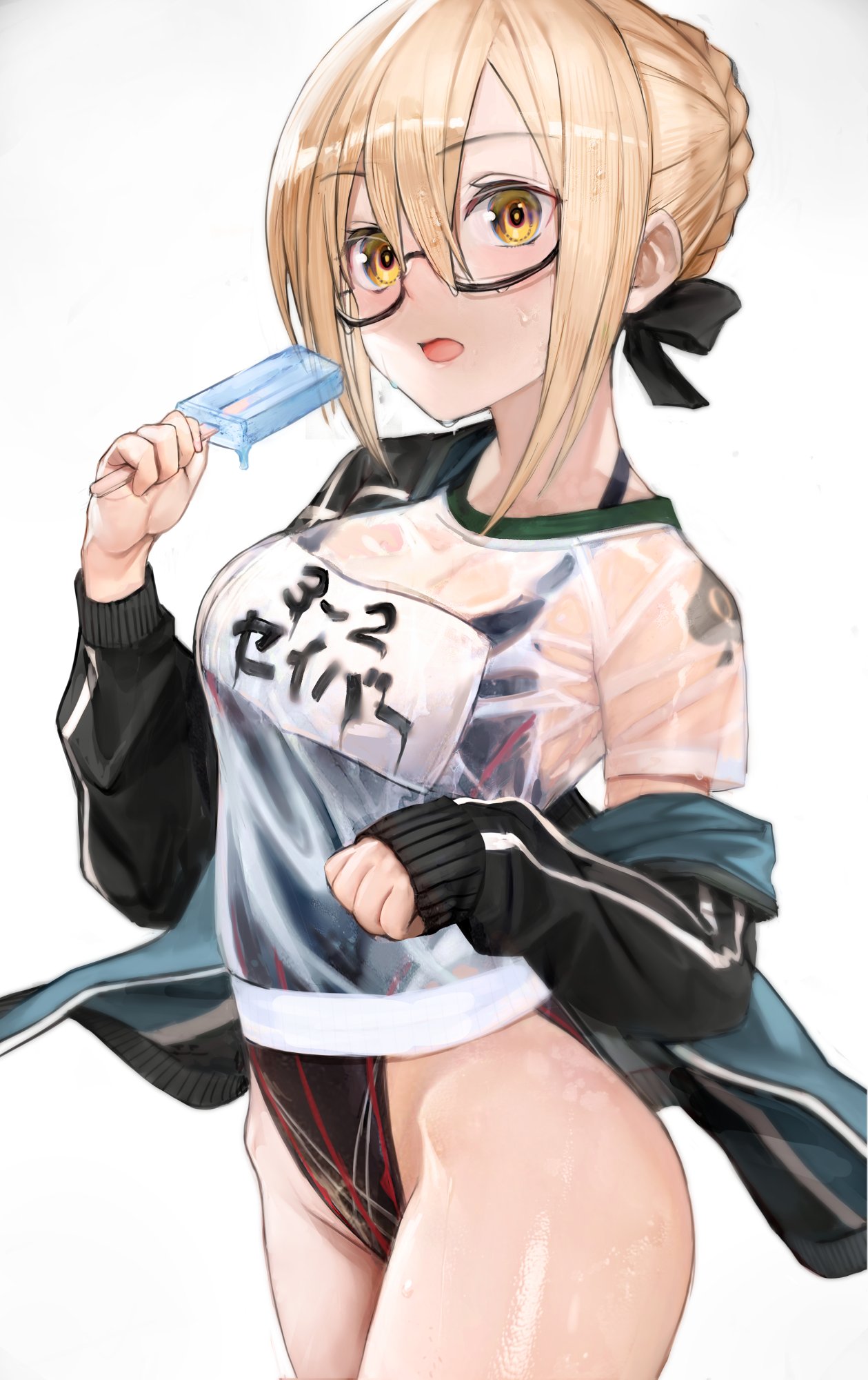 blonde hair, edit, fate (series), female, female focus, food, glasses, mysterious heroine x (alter), nyatabe (artist), open mouth, popsicle, queen of spades, see-through, standing, subtle, swimsuit, tagme, tattoo, transparent shirt, wet clothes, yellow eyes