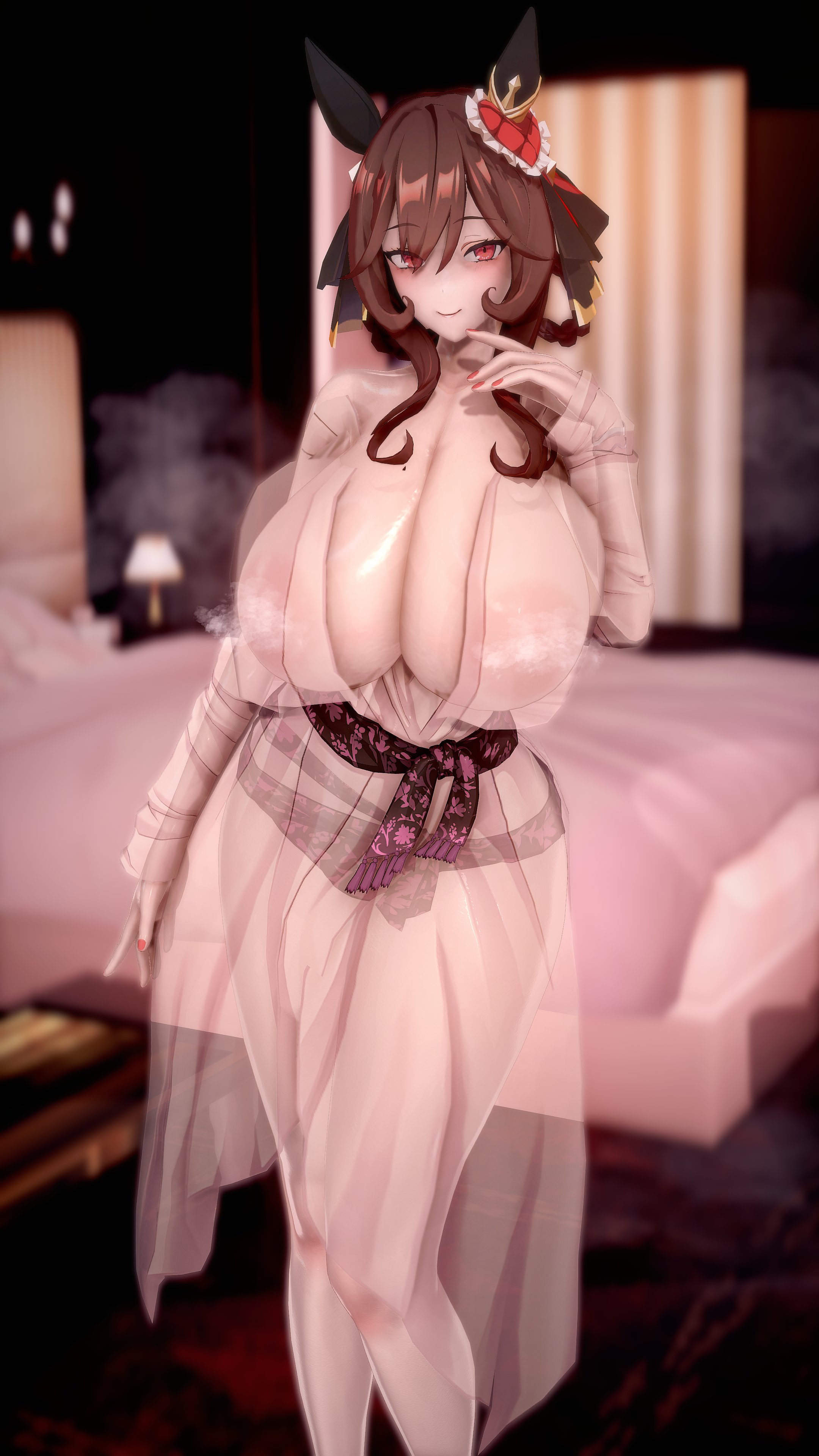 1girls, 3d, big breasts, braided hair, breasts, brown hair, busty, ear covers, female, female only, gentildonna (umamusume), h45604229, hair ribbon, horse ears, horse girl, huge breasts, light skin, light-skinned female, lingerie, looking at viewer, painted nails, robe, smile, solo, transparent clothing, umamusume, umamusume pretty derby