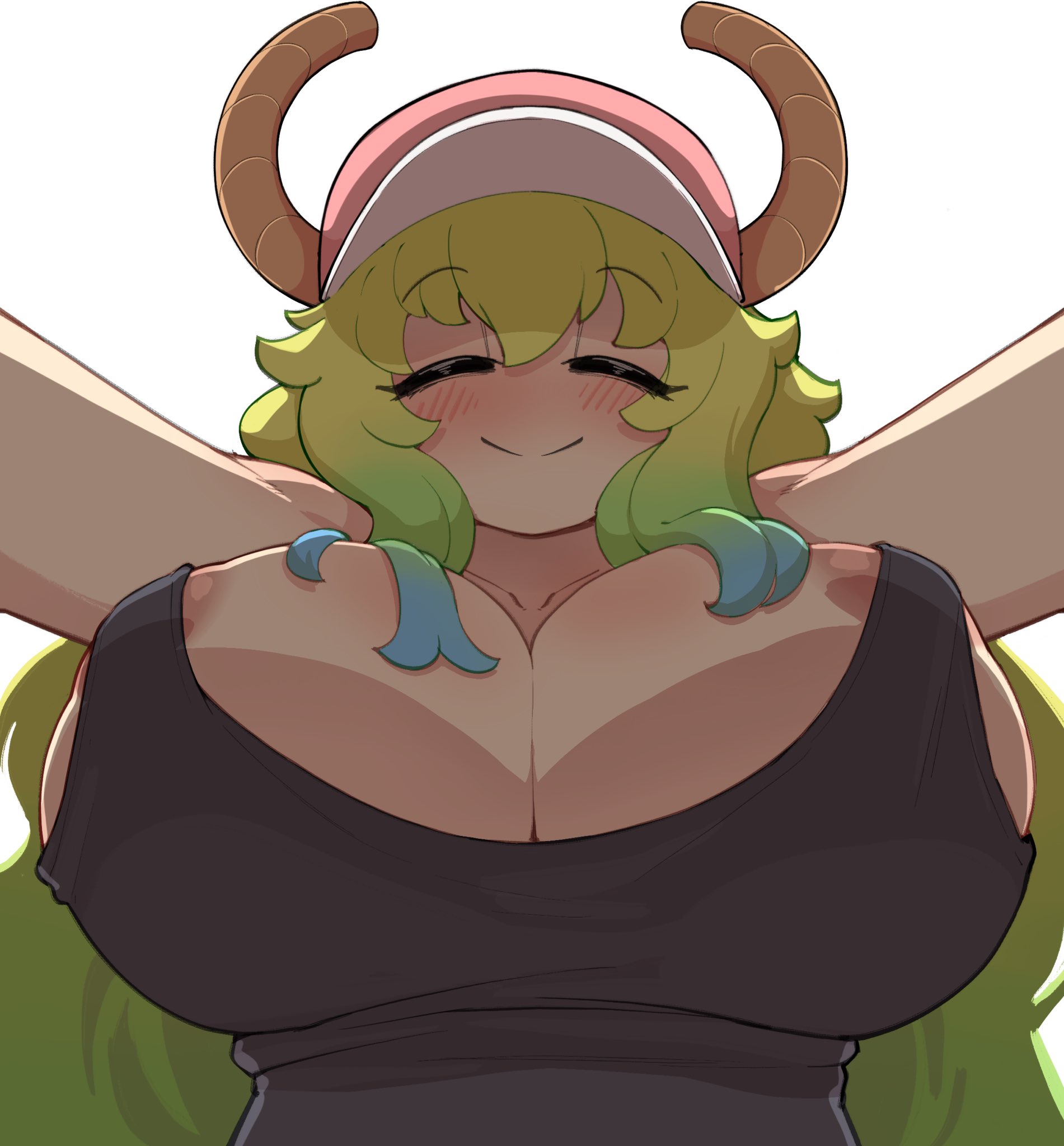 1girls, areola, areola peek, areola slip, areolae, areolae slip, big breasts, breasts, cleavage, closed eyes smile, female, female focus, female only, green eyes, huge breasts, kobayashi-san chi no maidragon, large breasts, light skin, light-skinned female, long hair, lucoa, miss kobayashi's dragon maid, nudiedoodles, pale skin, pale-skinned female, quetzalcoatl (dragon maid), solo, solo female, solo focus, tank top