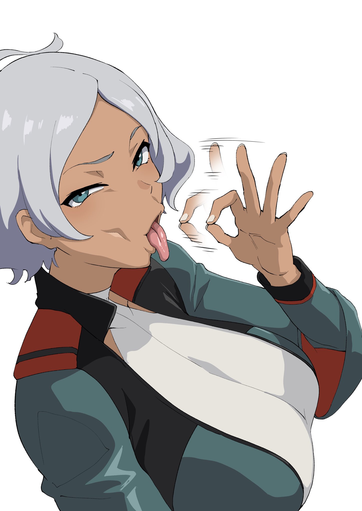 1girls, asticassia school uniform, balls, blowjob gesture, blue jacket, breasts, collared jacket, dark skin, dark-skinned female, exhibitionism, fellatio gesture, female, grey hair, gundam, gundam suisei no majo, hairy balls, halter leotard, halterneck, highres, iwao178, jacket, large breasts, leotard, male, mosaic censoring, multiple boys, multiple males, open clothes, open jacket, oral invitation, school uniform, secelia dote, short hair, shoulder boards, straight, tongue, tongue out, white leotard