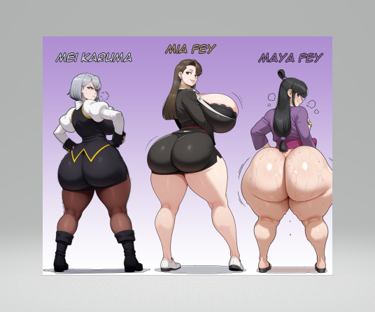 3girls, ai art, ai assisted, ai generated, angry, angry expression, ass shake, back view, black bra, black eyes, black hair, blue hair, blush, boots, bottom heavy, bottomless, bra, breasts, brown hair, child bearing hips, earring, edited screencap, fat ass, female, female only, franziska von karma, gyakuten saiban, hair accessory, horny female, huge ass, huge breasts, karuma mei, long hair, looking at viewer, looking back, maya fey, mia fey, miniskirt, no panties, no pants, pantyhose, scarf, short hair, slim waist, smiling, thick ass, thick thighs, top heavy