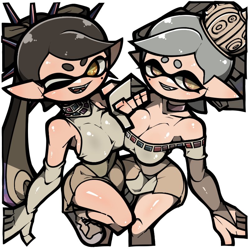 ;d, 2girls, animal humanoid, anthro, bare shoulders, black hair, bow-shaped hair, breast press, breasts, bridal gauntlets, brown eyes, callie (grand festival), callie (splatoon), cephalopod, cephalopod humanoid, cleavage, collarbone, color guide, cousins, cross-shaped pupils, crown, elbow gloves, fangs, female, female only, gloves, grand festival (splatfest), grey gloves, grey hair, grin, humanoid, inkling, large breasts, leg up, long hair, marie (grand festival), marie (splatoon), mask (marking), mini crown, mole, mole under eye, multiple females, multiple girls, name omoitukan2, nintendo, now or never crown, now or never spikes, official alternate costume, omoitukan2, one eye closed, open mouth, orange eyes, pointy ears, pseudo hair, shiny skin, short hair, simple background, smile, spikes, splatfest, splatoon, splatoon (series), splatoon 3, squid, squid sisters, symbol-shaped pupils, symmetrical docking, team past (splatfest), teeth, tentacle, tentacle hair, white background, yellow pupils