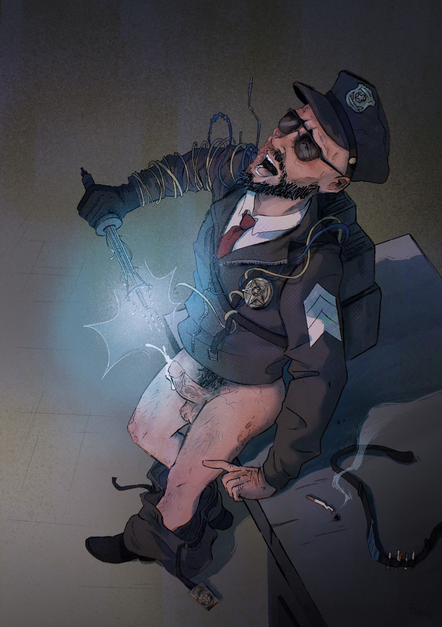 1boy, burn scar, cigarette, cum, cumshot, electric, electric shock, electricity, electrocution, electrostimulation, fabula, fabula42, facial hair, gay, human, jacket, leland coyle, male, male focus, male only, male solo, masochism, masochist, masochistic male, medium penis, no pants, outlast, outlast trials, pants, pants around ankles, pants down, pants pulled down, penis, pleasure face, police, police badge, police hat, police uniform, policeman, pubic hair, sadism, scarred face, scars on body, scars on face, scars on legs, scars on penis, shocking self, solo male, sunglasses, sunglasses on face, tie, torogao, veins, wires