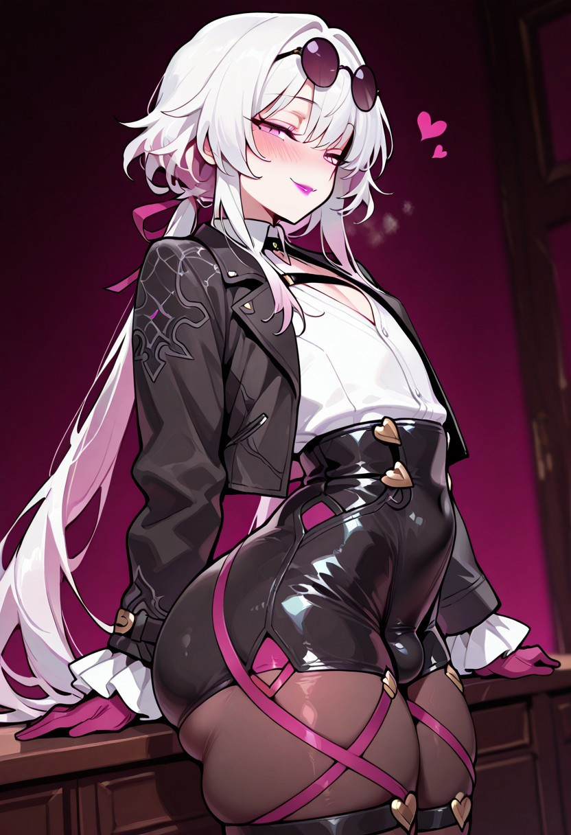 ai generated, blush, cosplay, femboy, honkai: star rail, kafka (honkai: star rail) (cosplay), looking at viewer, male, mesissyah, trap