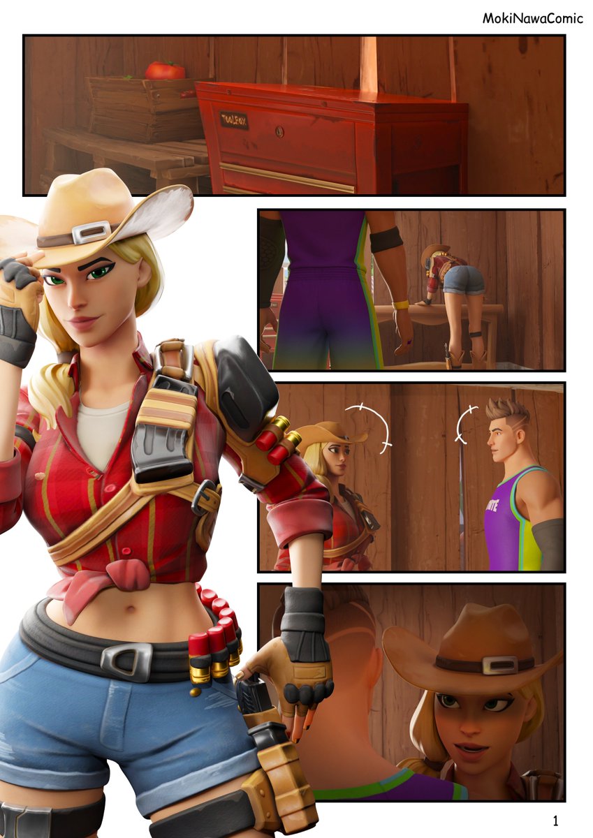 1boy, 1girls, 3d, 3d (artwork), blender, blonde female, blonde hair, clothed, clothing, comic, comic page, comic panel, cowgirl, cowgirl hat, epic games, female, female focus, fortnite, fortnite: battle royale, headhunter (fortnite) (model), jean shorts, light skin, light-skinned female, light-skinned male, male, male/female, mokinawa, rustler, shorts, watermark
