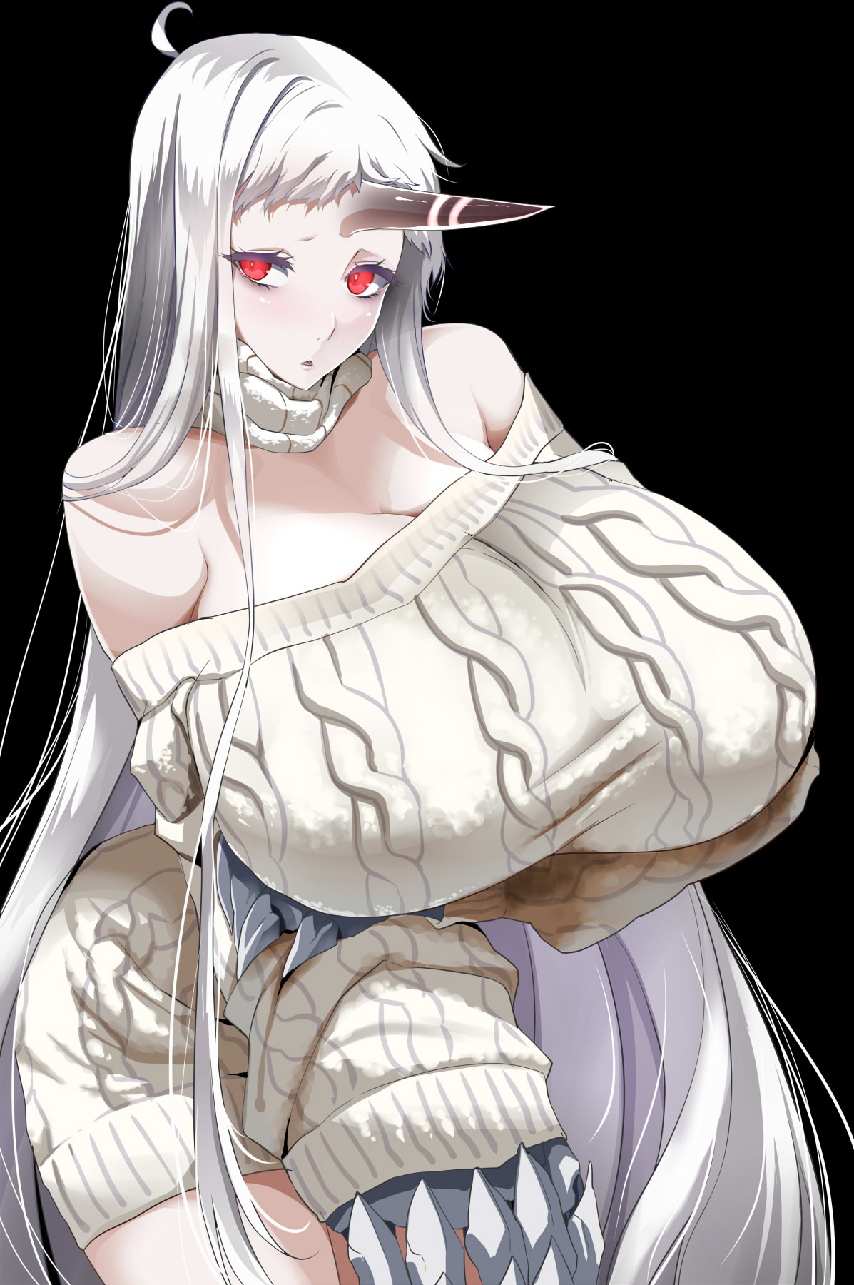 big breasts, big claws, breasts, claws, female, horn, huge breasts, kantai collection, kloah, long hair, off shoulder sweater, red eyes, ribbed sweater, seaport hime, shoulders exposed, tall female, white hair